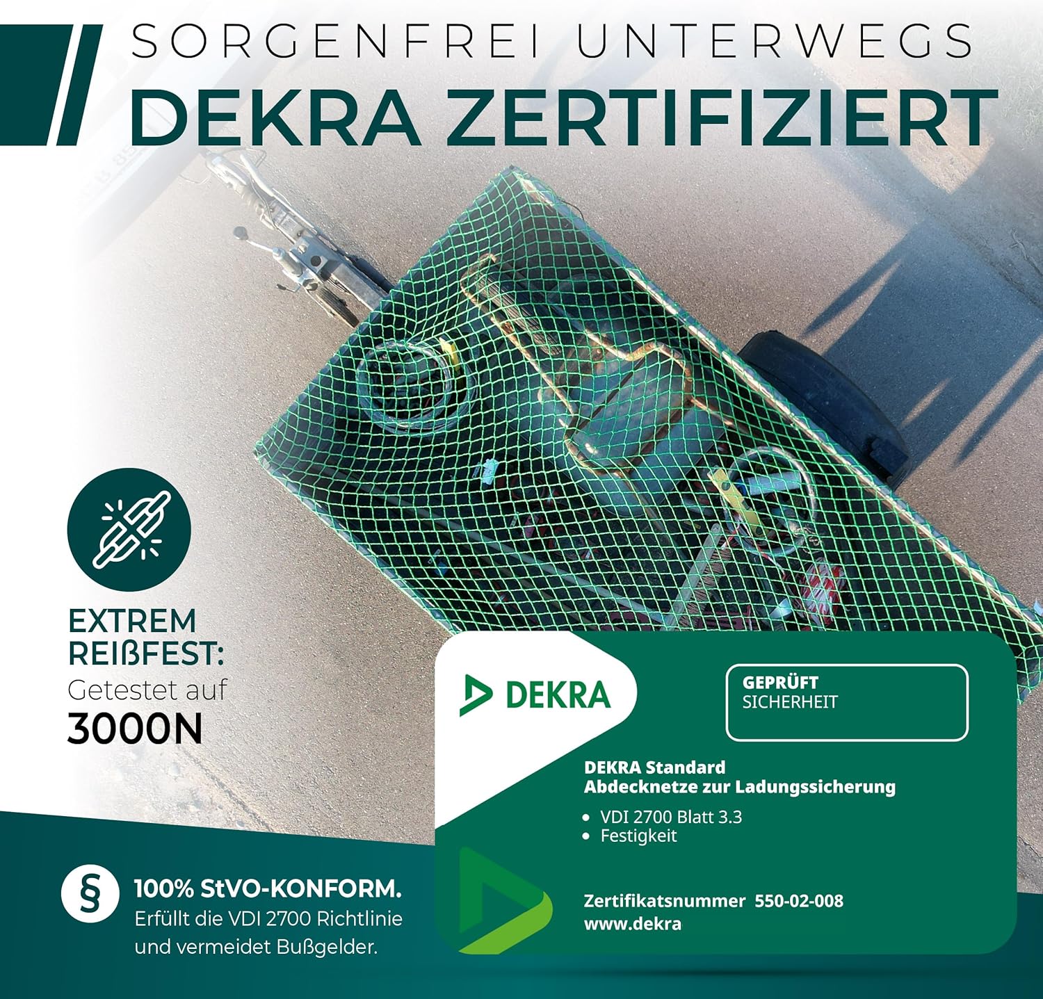 Detalle 2 de CargoVA Filet pour remorque 2,5x3,5M – DEKRA Approuvé, avec Corde élastique et marquage des Coins