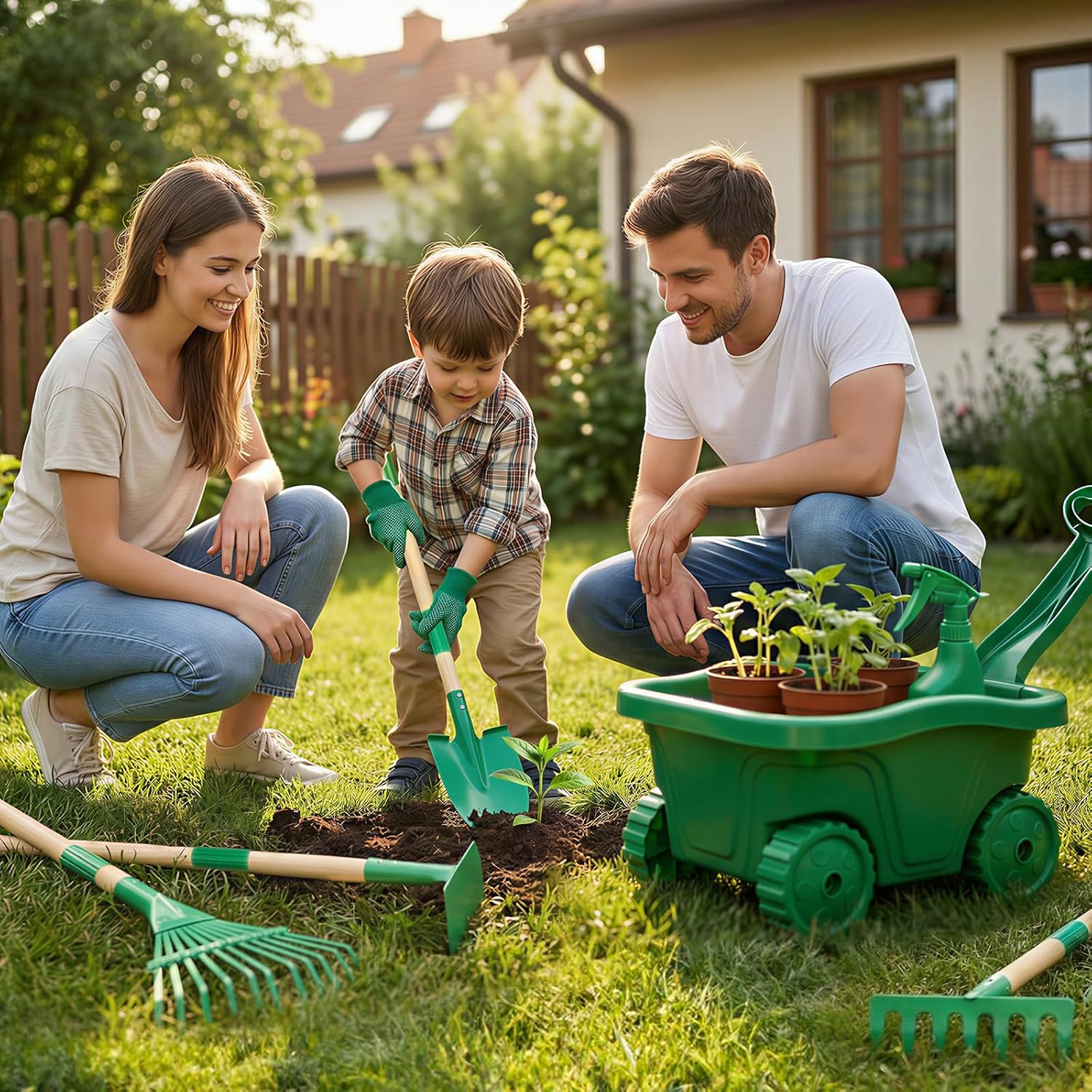 Detalle de Hot Bee Schubkarre für Kinder mit Gartengeräte Set – Grün, 3–8 Jahre