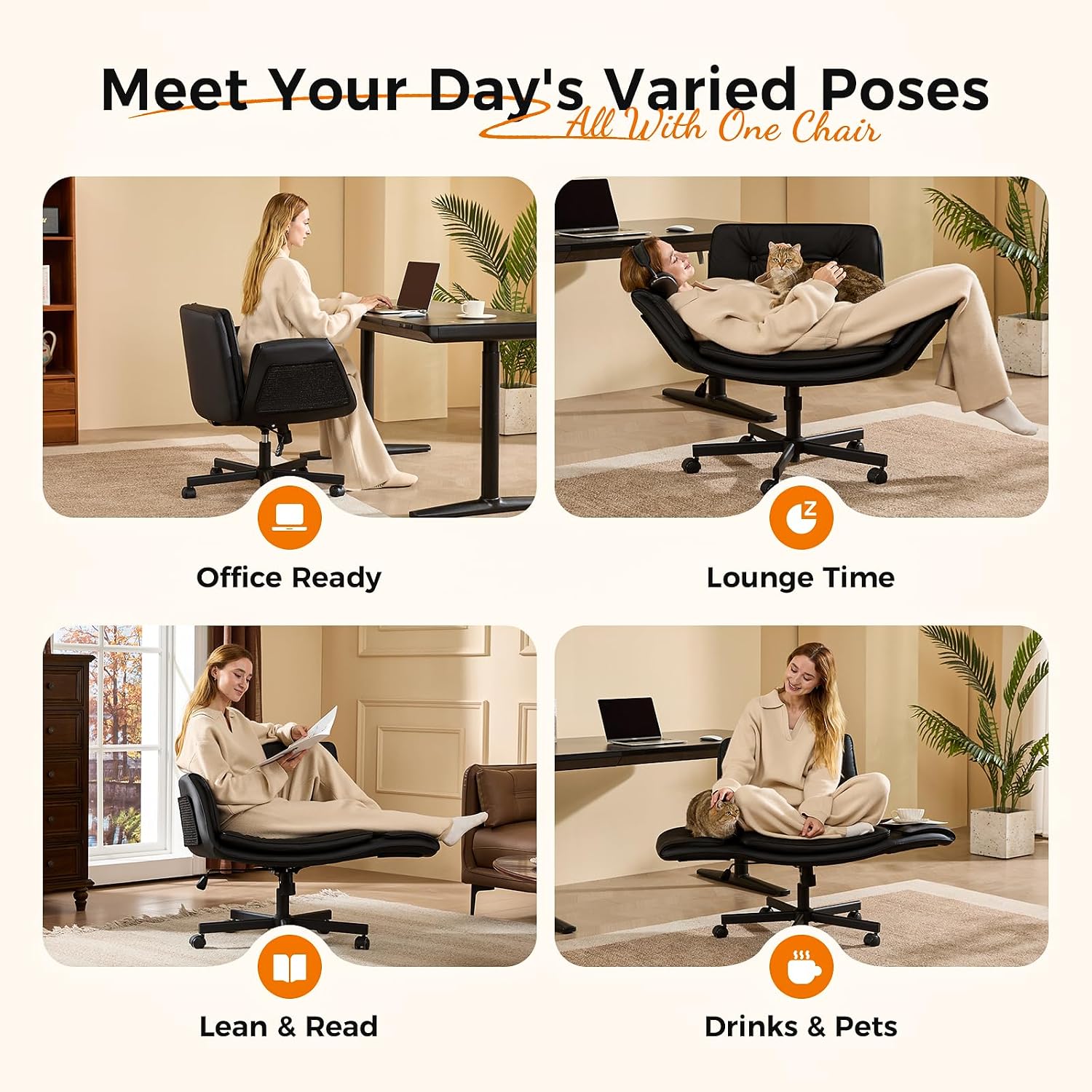 Thumbnail 1 de amseatec Criss Cross Chair with Natural Sisal Cat Scratch Pad, 5-Gear Adjustable Armrests, 360° Silent Casters — Black