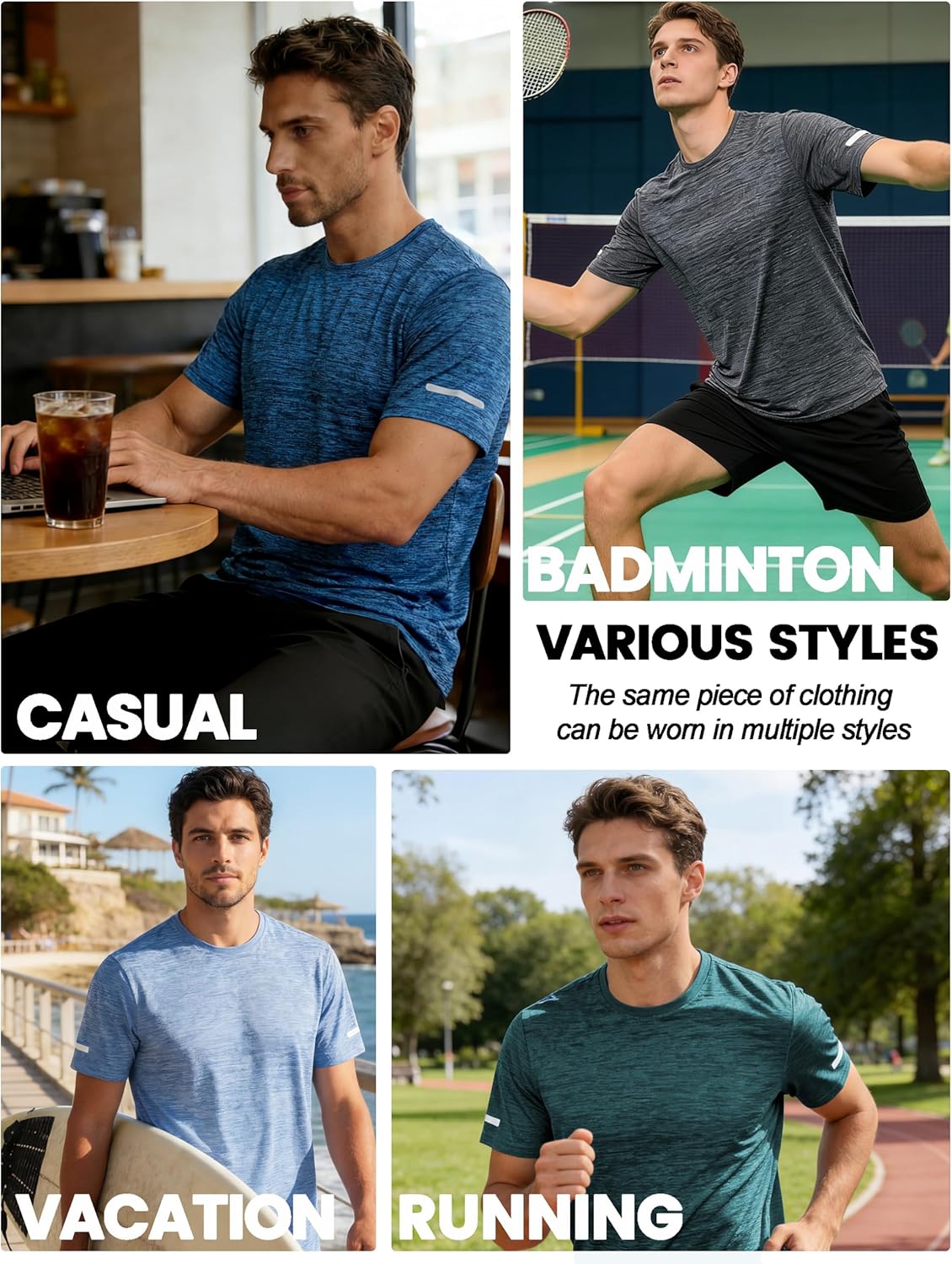Thumbnail 1 de TACVASEN Herren Meliert Sport-T-Shirt Kurzarm mit reflektierenden Streifen