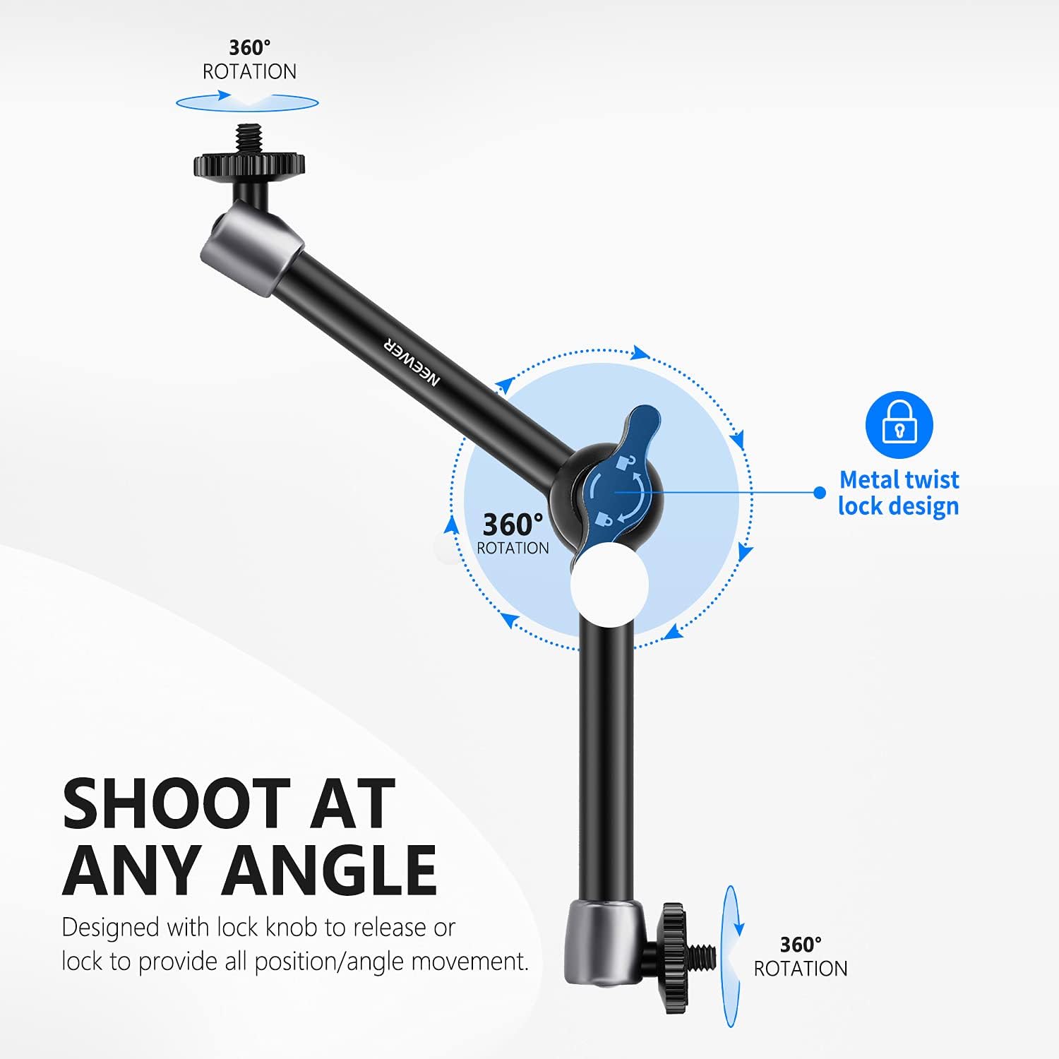Detalle de NEEWER ST20 Super-Klemme mit 27,9 cm Reibungskraft-Gelenkarm für SmallRig-Käfige, für Monitor/LED/Webcam – max. 2 kg