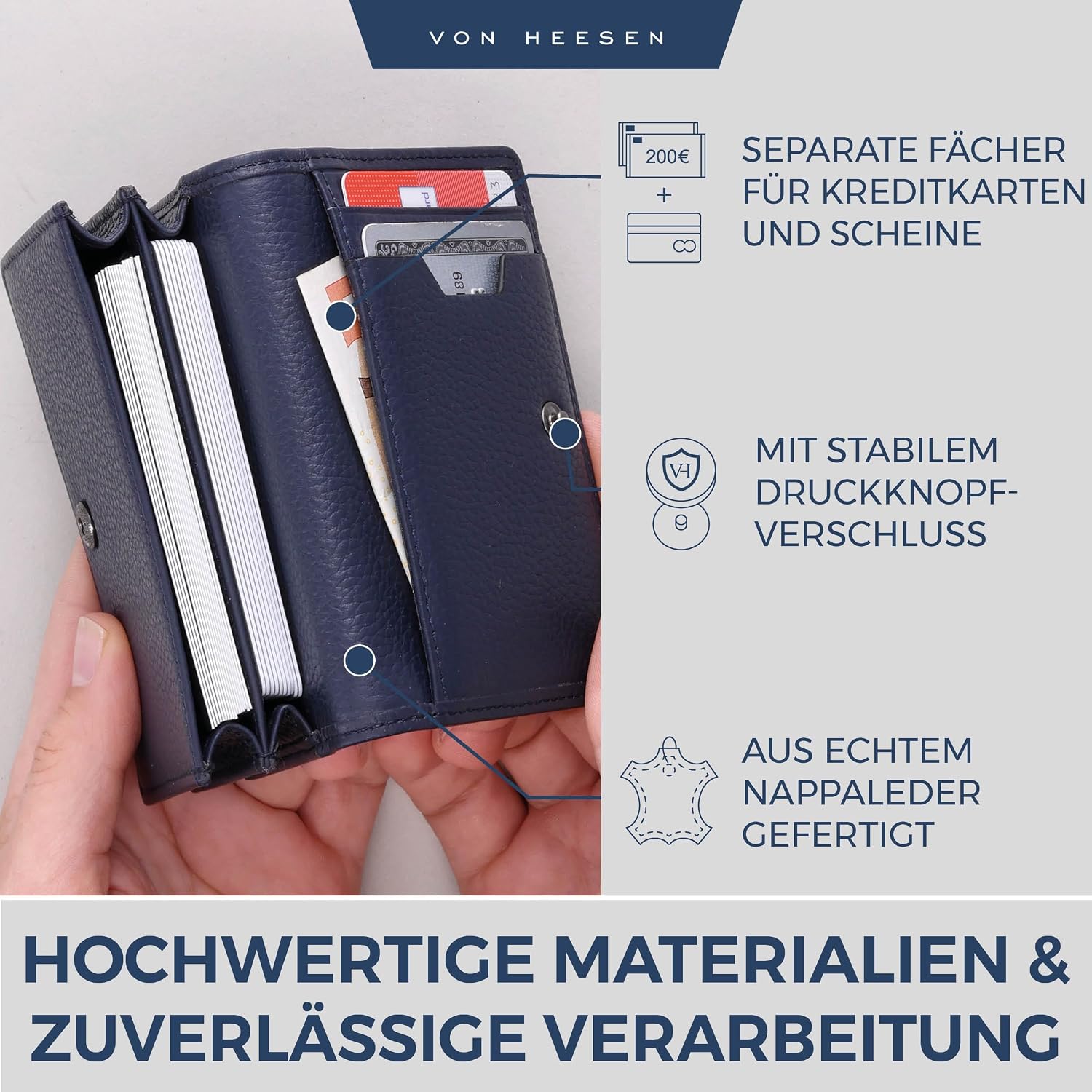 Detalle 2 de VON HEESEN Visitenkartenetui Leder mit RFID-Schutz – 50 Karten, 6 Fächer, Dunkelblau