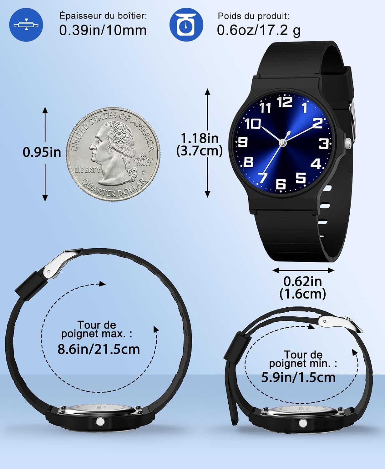 Detalle de SOCICO Montre analogique Enfants 30M étanche Cadran Clair Noir Bleu