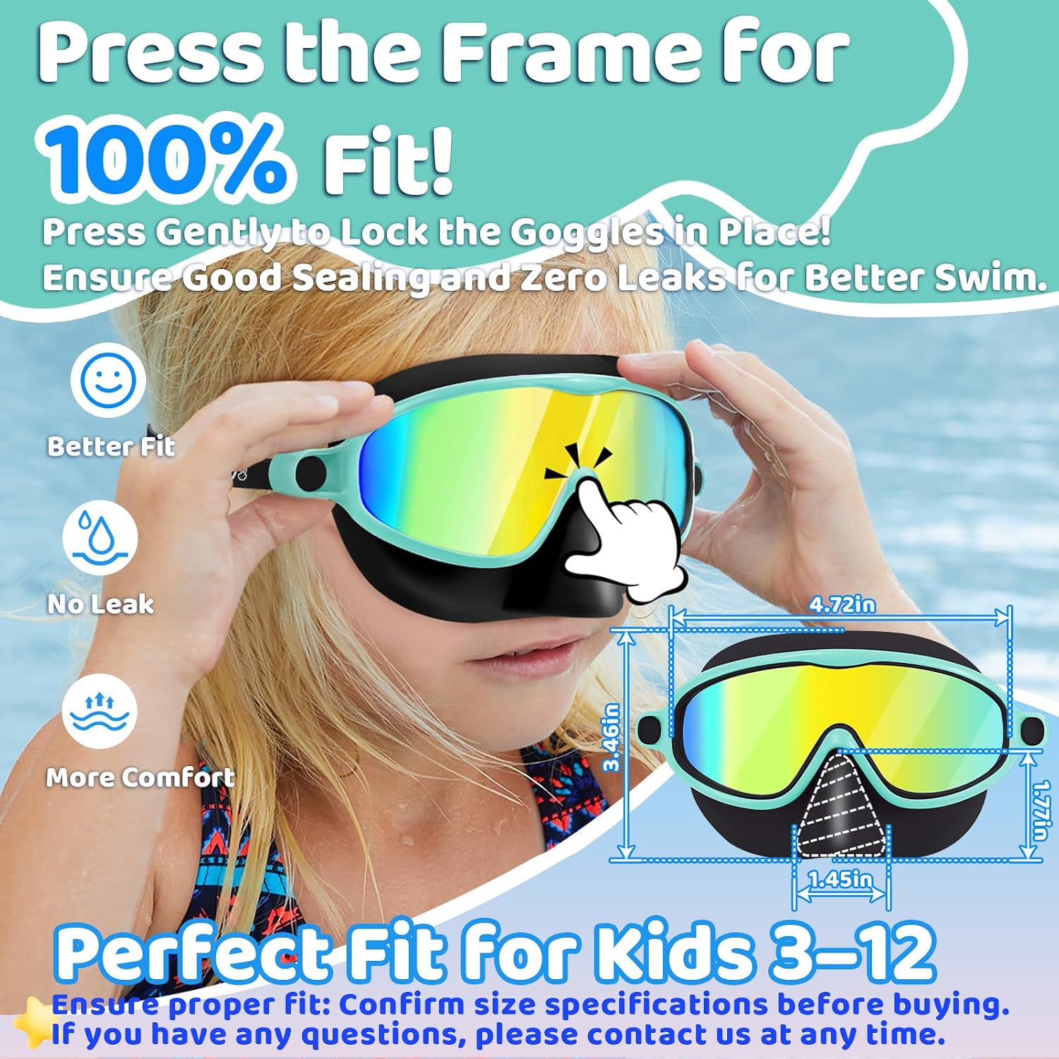 Detalle de Vvinca 2-Pack Swim Goggles with Nose Cover for Kids — Wide View, Anti-Fog, UV Protection