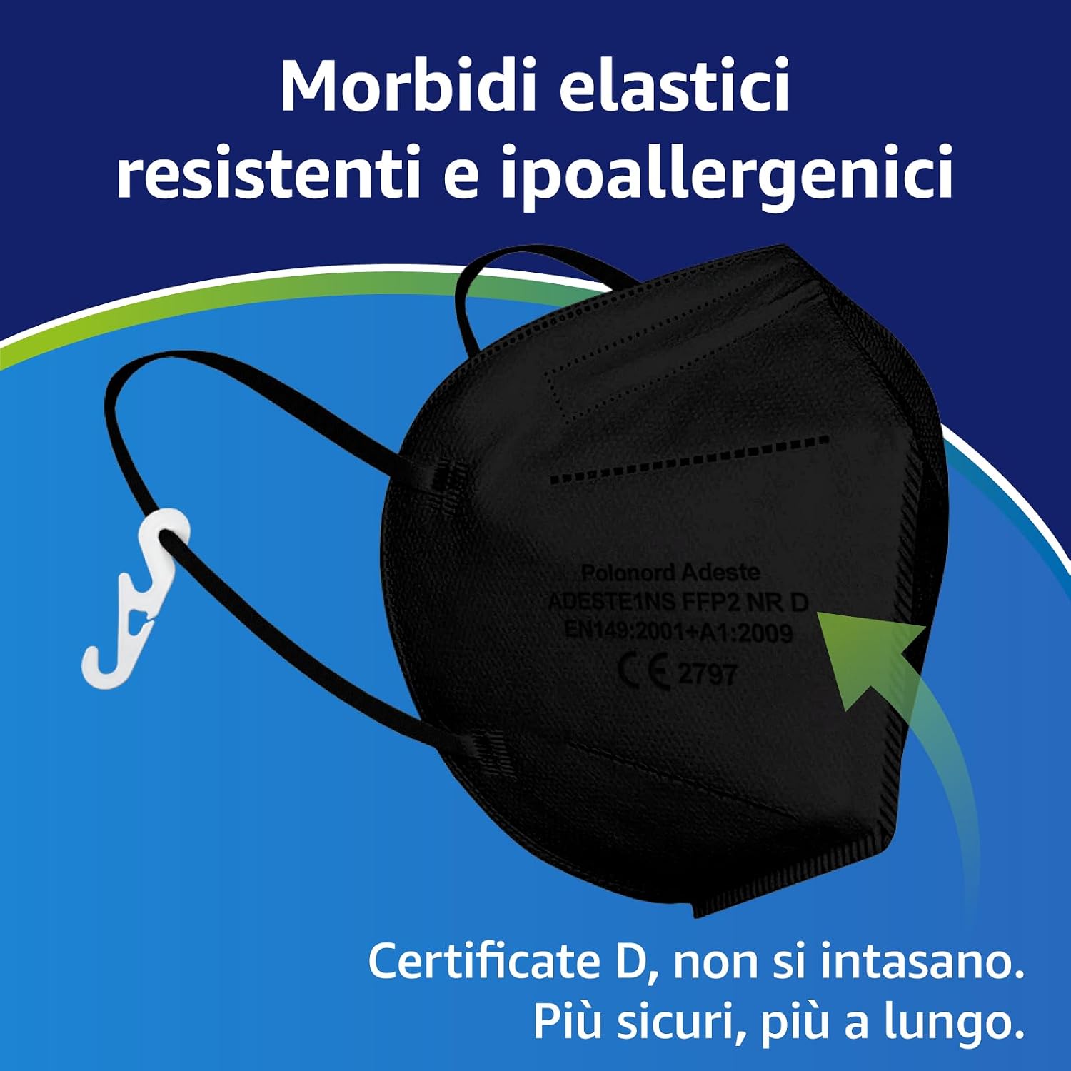 Detalle de Polonord Adeste 50 Mascherine FFP2 nere NR D – Comfort, filtrazione e controllo di qualità