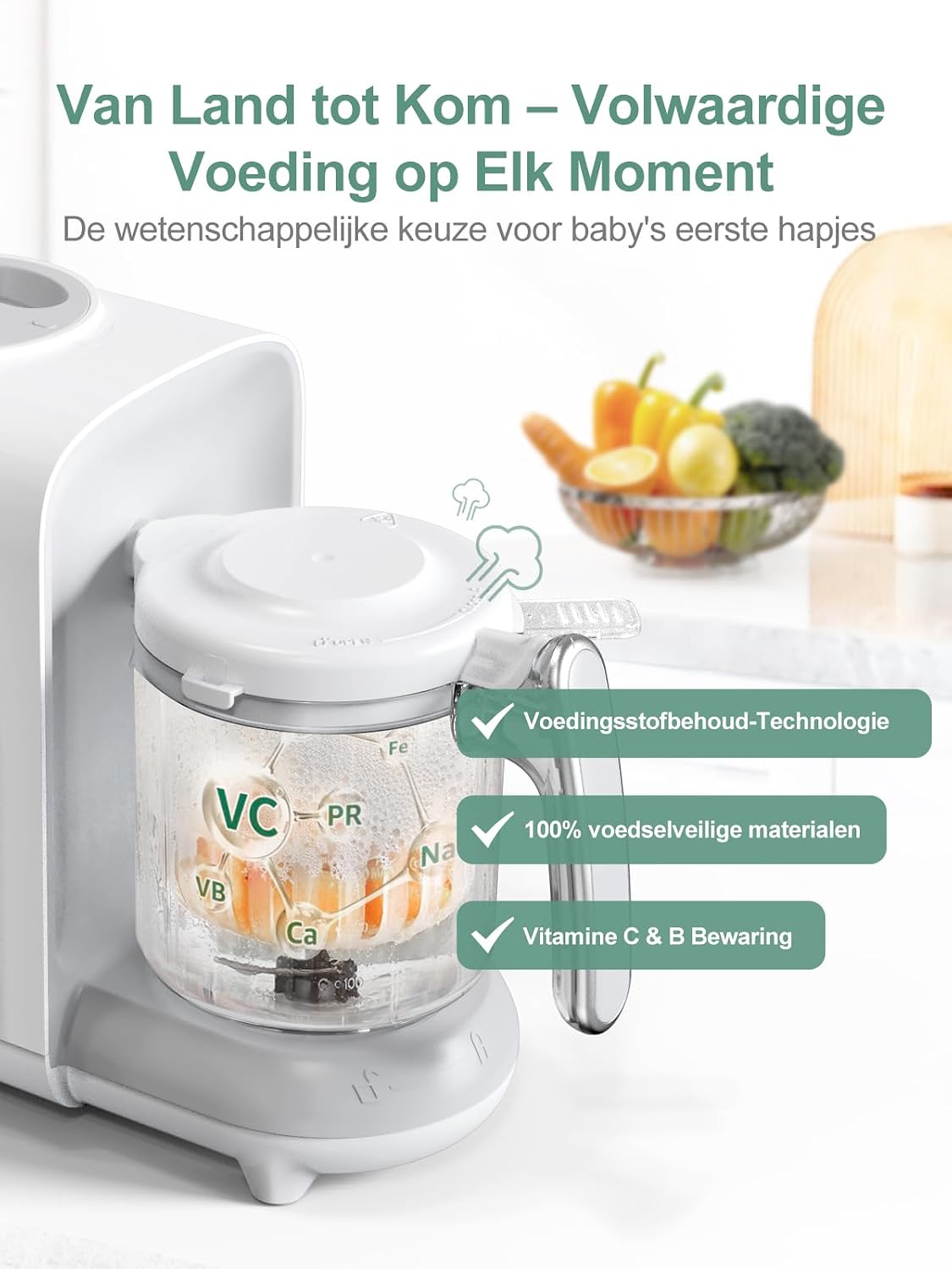 Detalle de KOSTTE 1501 babyvoedingmaker 6-in-1 met stomen, mixen, verwarmen en ontdooien