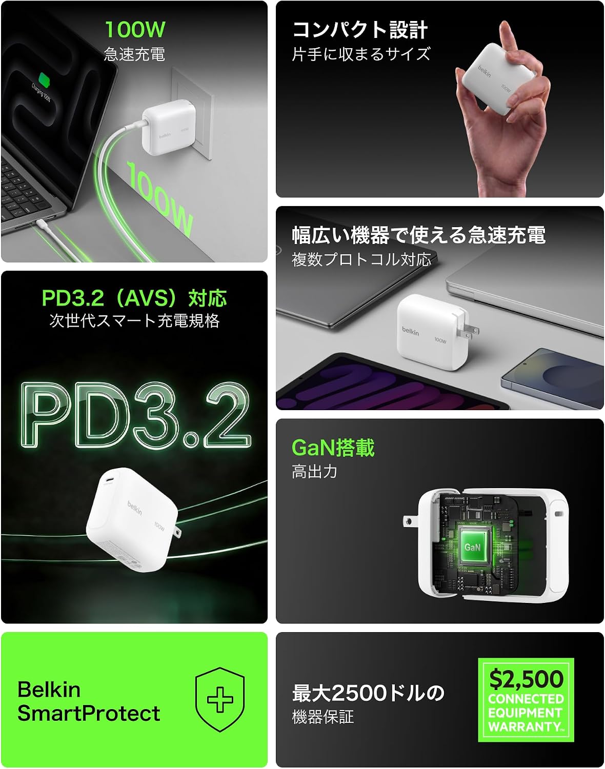 Detalle 2 de Belkin WCH025qc1.5WHB6 100W USB-C充電器、PD 3.2・PPS・AVS対応、1.5mケーブル付属