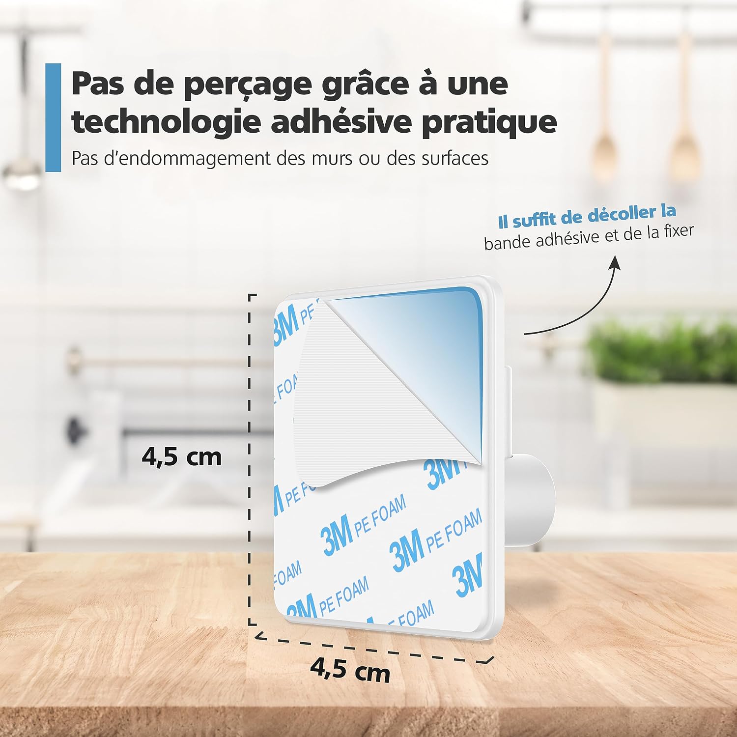 Detalle de Virea Crochets muraux auto-adhésifs sans perçage (jeu de 4) en acier inoxydable, jusqu’à 8 kg