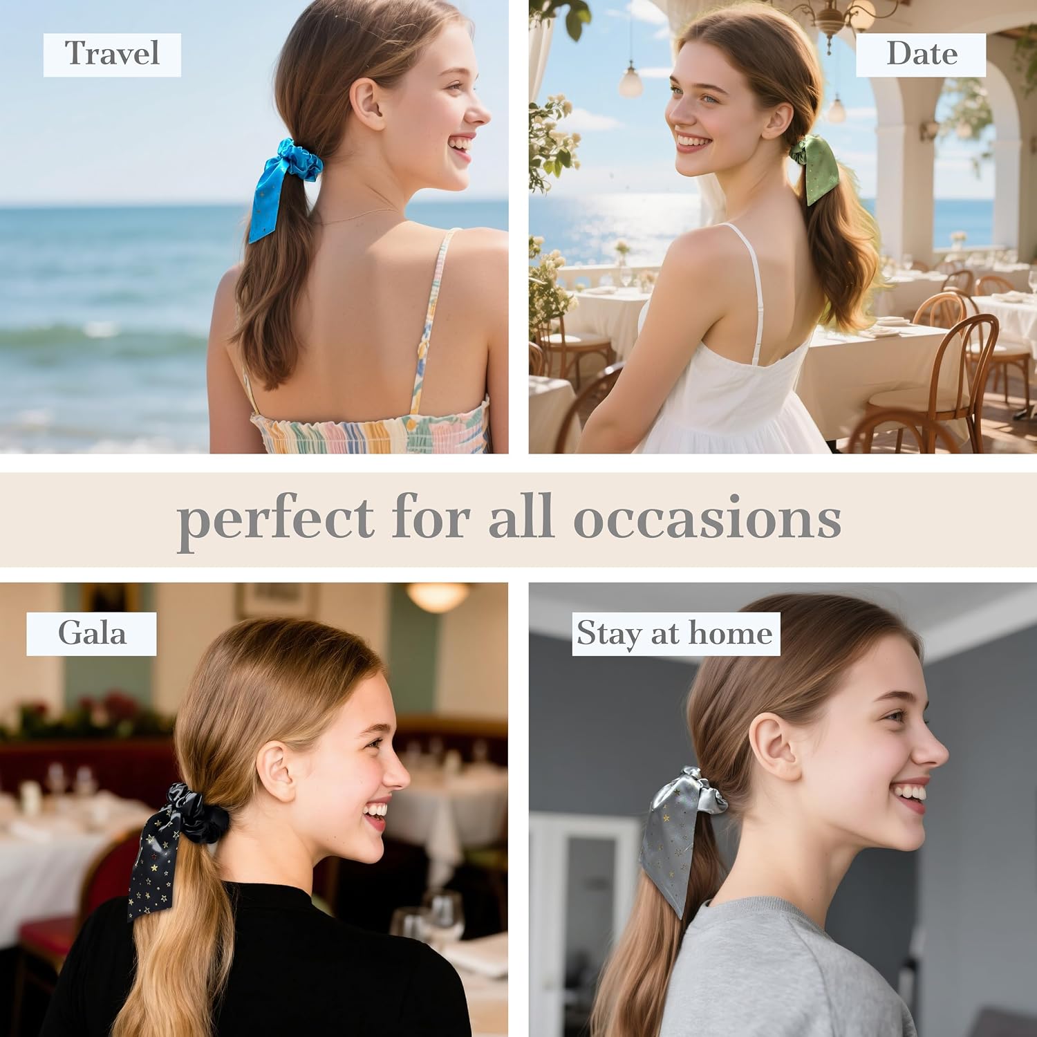 Thumbnail 4 de townssilk Silk Scrunchie Set of 2 with Bow, 100% Mulberry Silk, Black + Blue