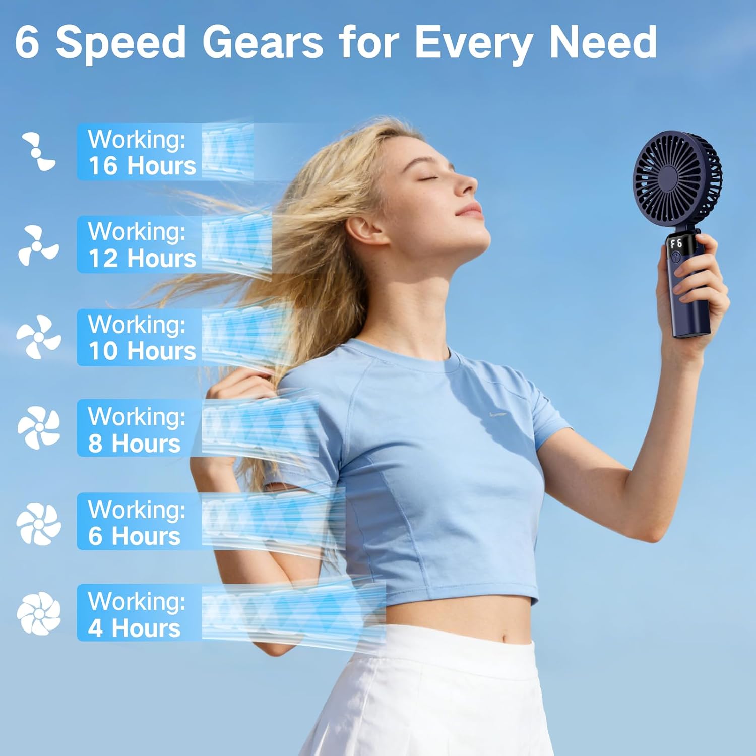 Thumbnail 3 de GCCATE Blue USB Rechargeable Handheld Fan with 6 Speeds, 4000mAh Battery and LED Display