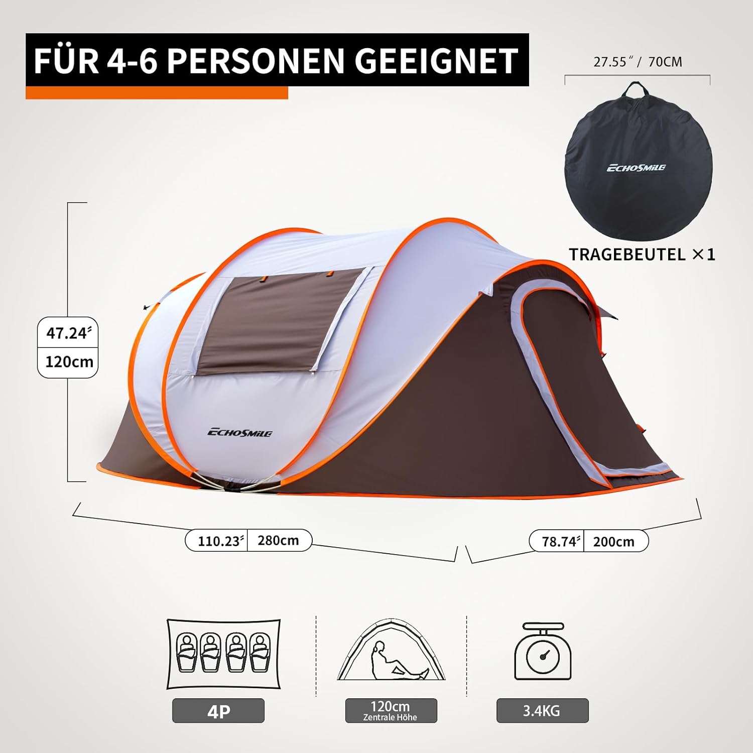 Detalle 2 de EchoSmile Pop up Zelt 4–8 Personen – Schnelles Aufbaupaket für Familiencamping