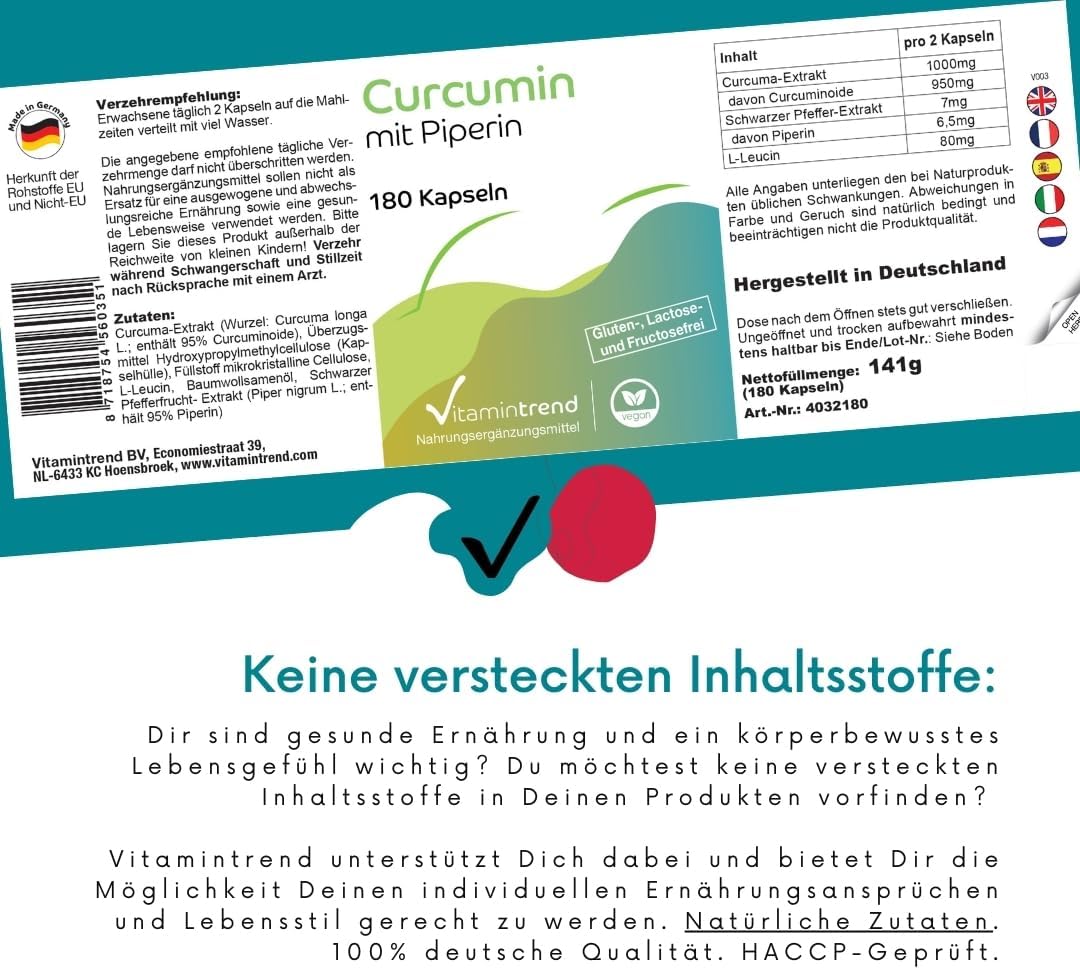 Detalle de Vitamintrend Curcumin mit Piperin – hochdosierte 180 Kapseln, vegan, aus Deutschland hergestellt