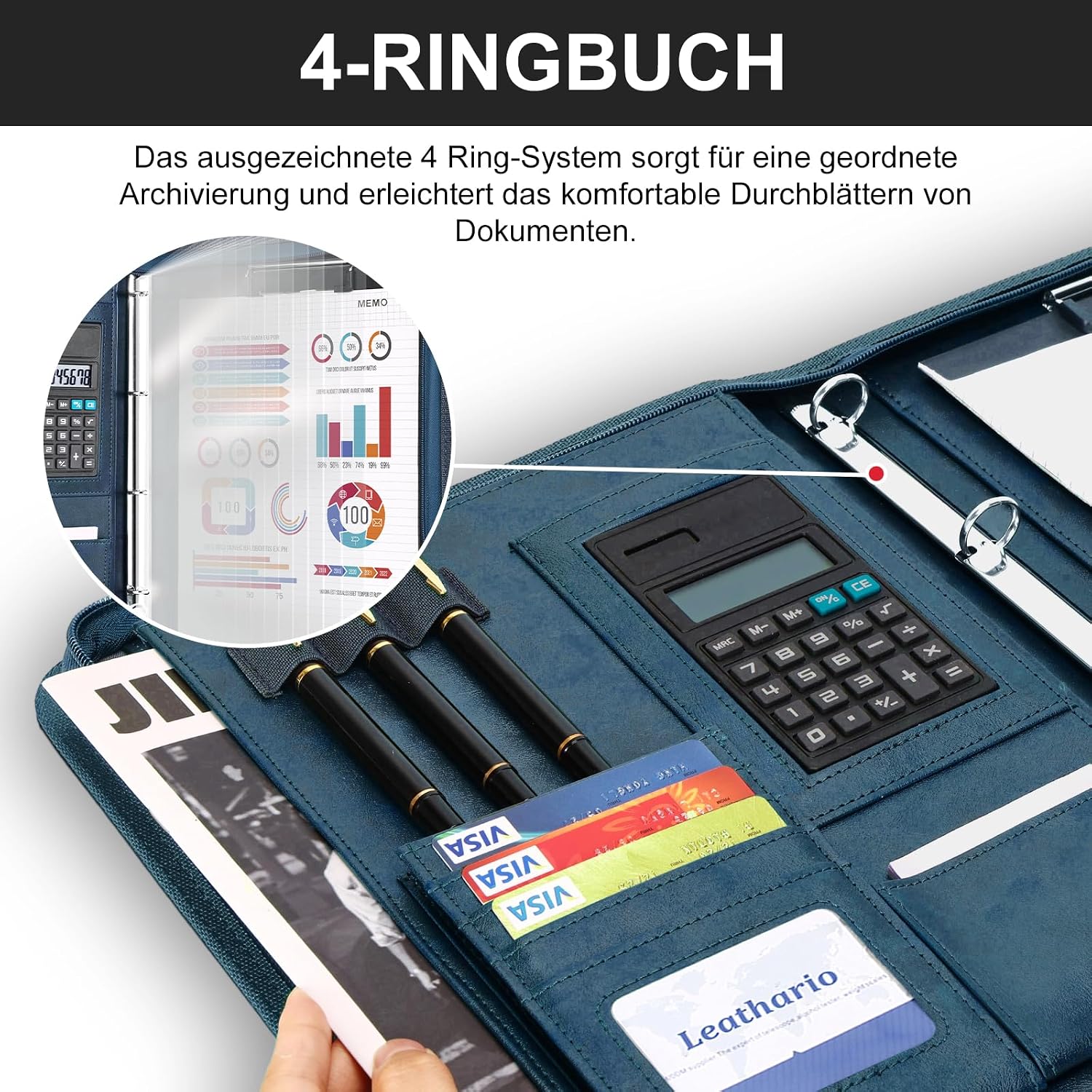 Detalle 2 de Leathario A4 Konferenzmappe – Schreibmappe mit 4‑Ring, Reißverschluss und umfassendem Organisationssystem