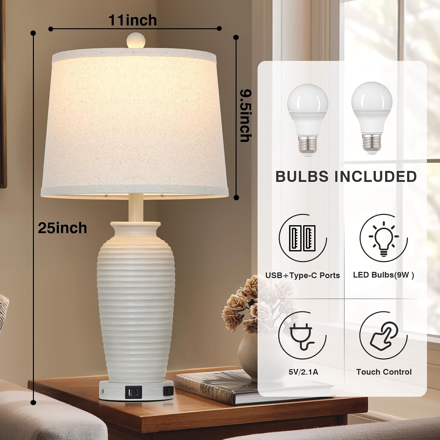 Detalle de CINSARY TD-CS-225-1PK 25" Farmhouse Table Lamp with Touch Dimming, USB-A/C & AC Outlet