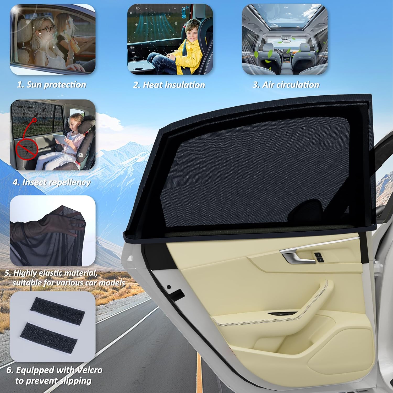 Thumbnail 3 de Vincona Car Window Shades for Baby (2 Pack) – Stretchable & Breathable Rear Window Screens for Sun, UV and Mosquito Protection (XL)