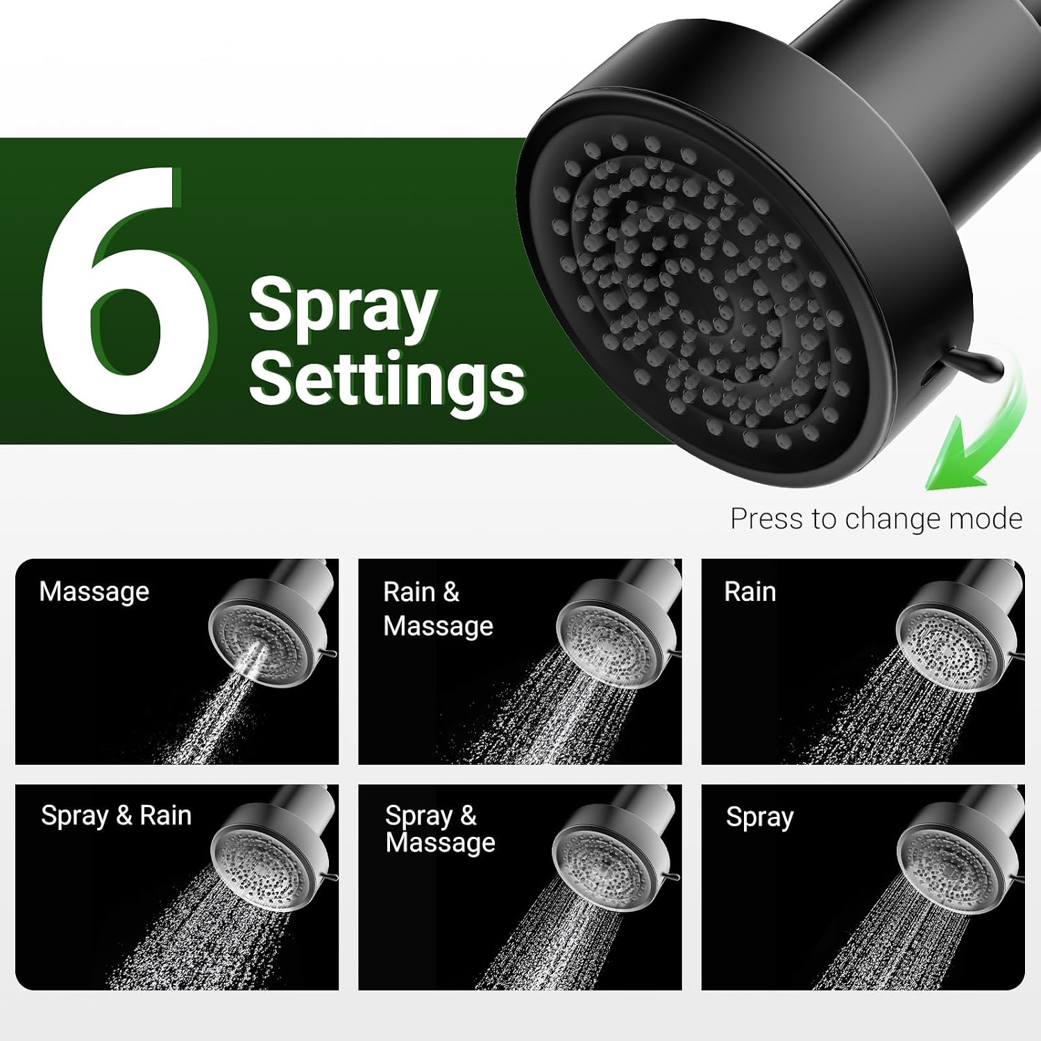 Detalle de High Pressure Fixed Rainfall Shower Head with Filter (6 Modes) – UK