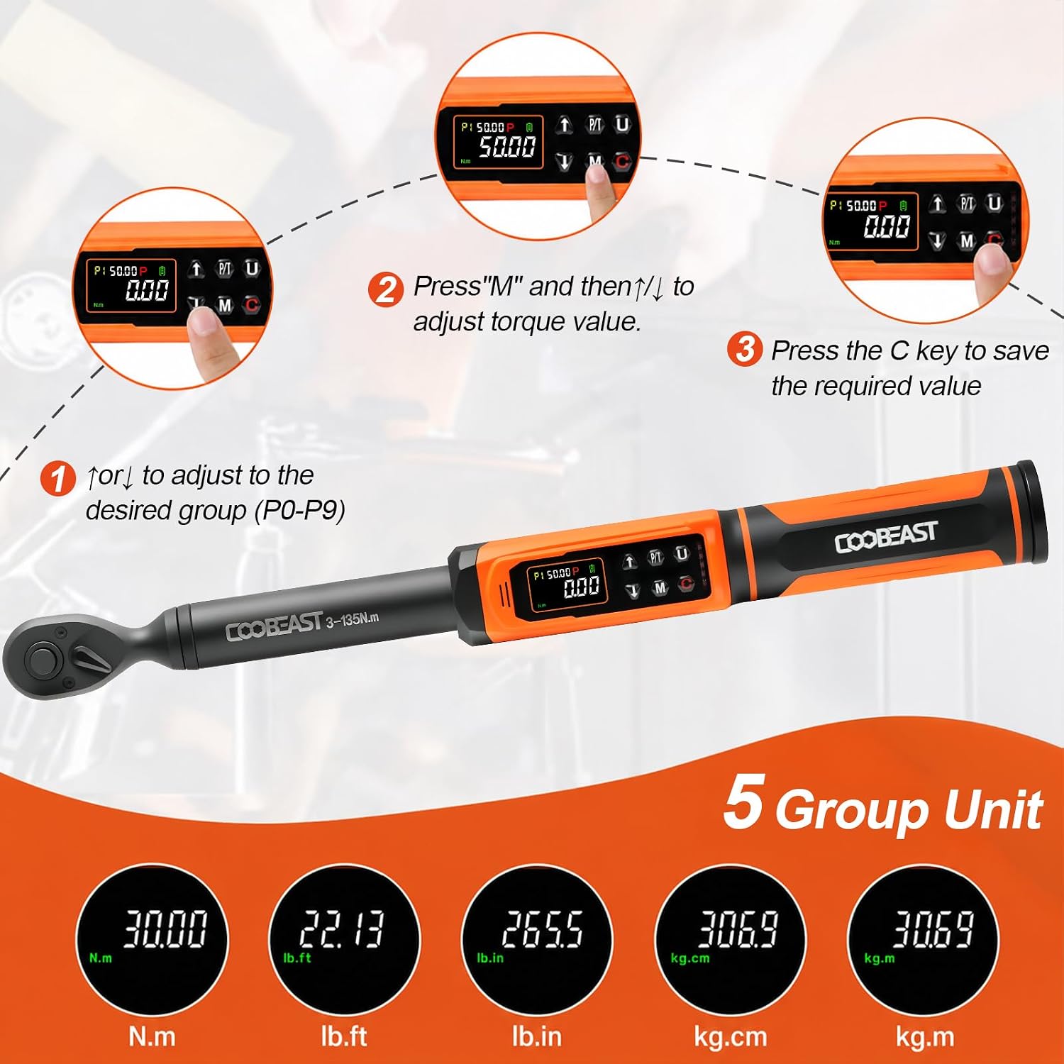 Detalle de coobeast SXBS02HS135NM9US Digital Torque Wrench, 3/8-Inch Drive, ±2% Accuracy