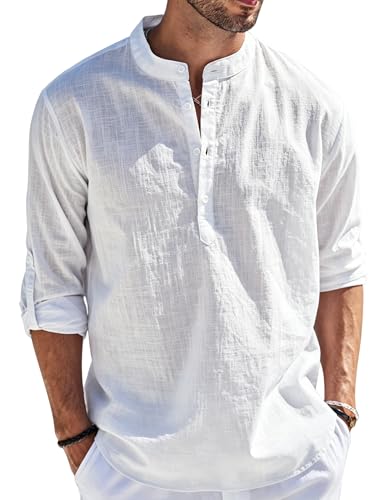 Detalle de Cegerne Camicia in Lino da Uomo a Maniche Lunghe – Estiva, Leggera e Traspirante (Bianco Sporco, Taglia L)