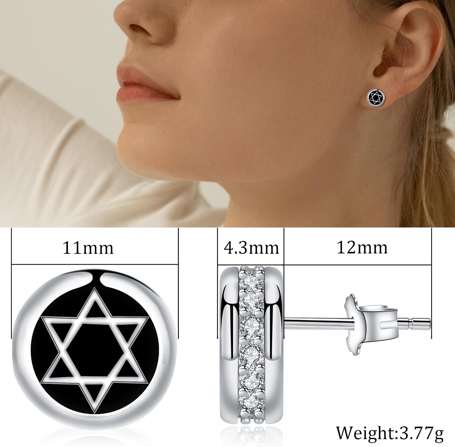 Thumbnail 5 de J.MUEN Schwarz Ohrringe Silber 925 mit Zirkonia – hypoallergen, als Ohrstecker für Damen & Herren