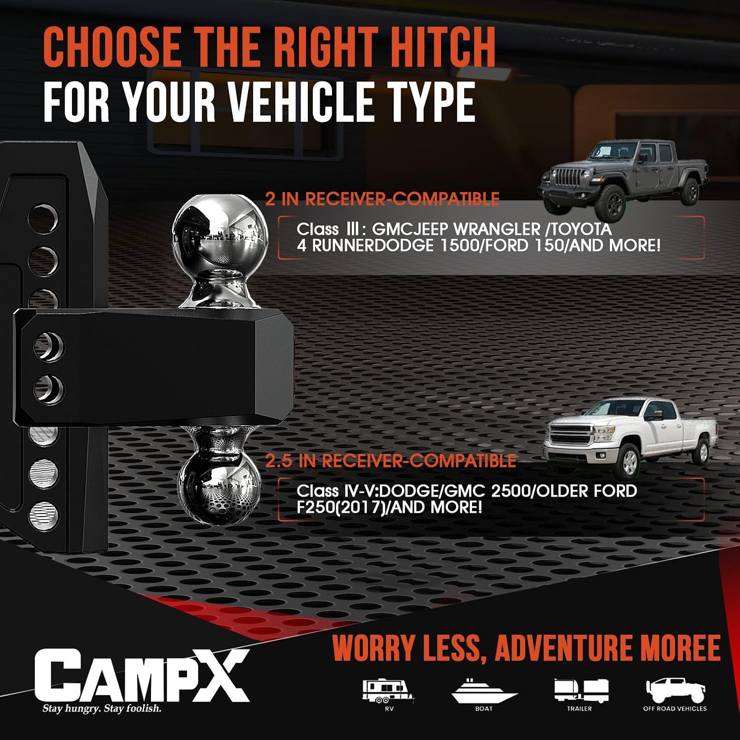 Thumbnail 6 de CAMPX Adjustable Trailer Hitch for 2.5-inch Receivers (6" Drop/Rise) with Dual 2" and 2-5/16" Solid Balls