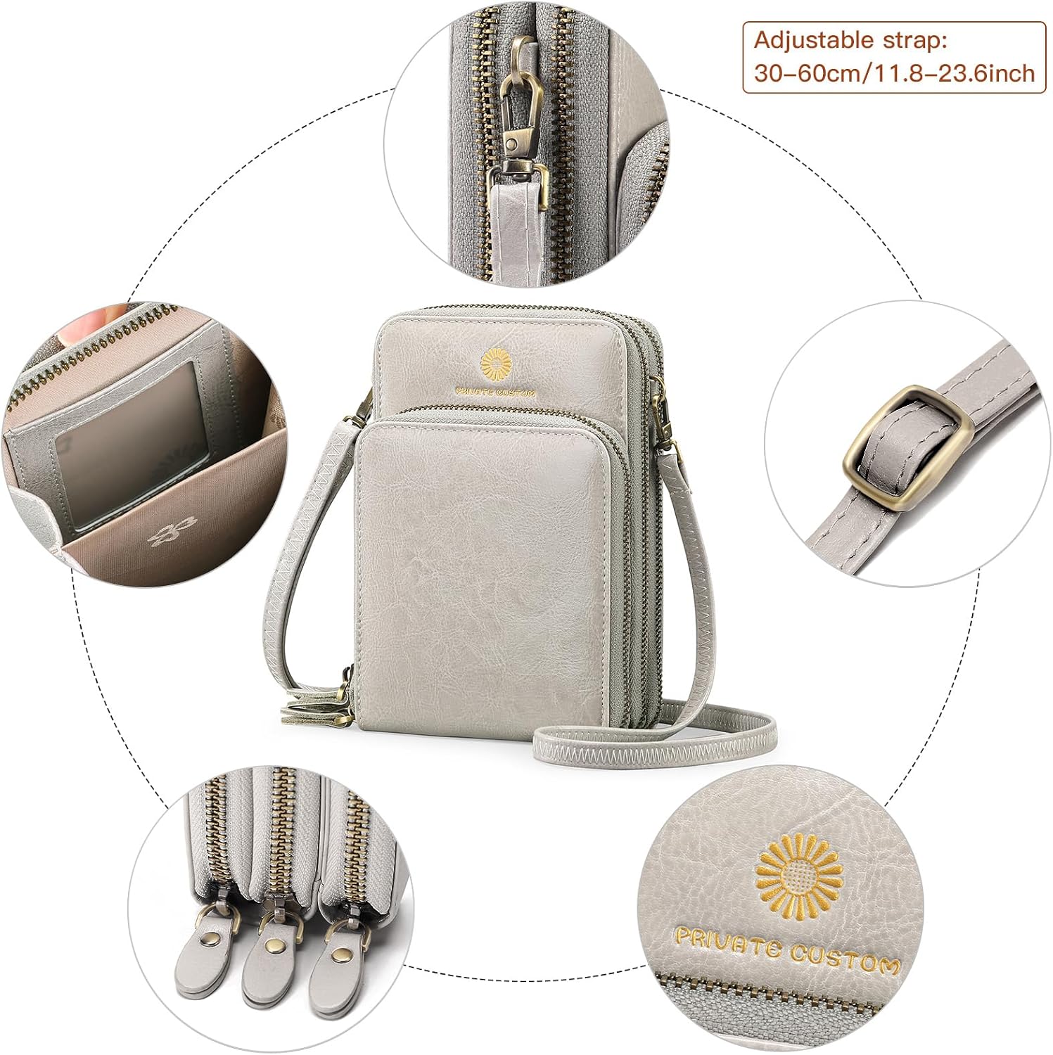 Detalle de SENDEFN women’s crossbody phone bag in genuine leather – small multi-compartment purse with adjustable strap