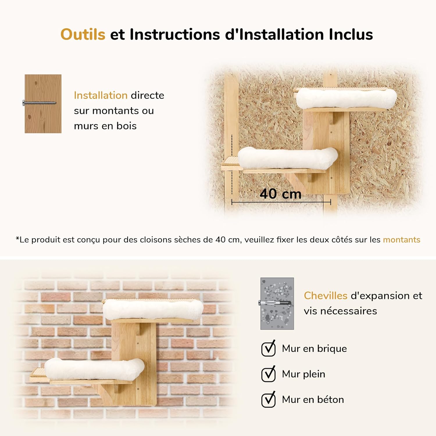 Thumbnail 5 de FUKUMARU Étagères murales pour chat en forme d’arbre – 2 plateformes avec perchoir en hévéa massif