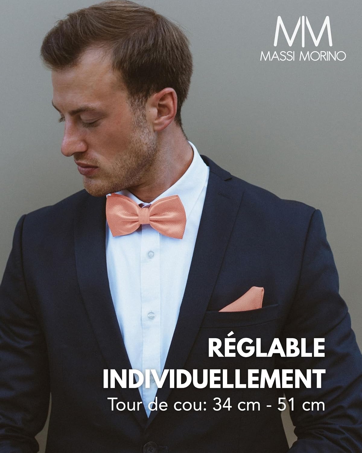 Thumbnail 2 de Massi Morino nœud papillon avec pochette pour homme, boucle réglable (set pour mariage)