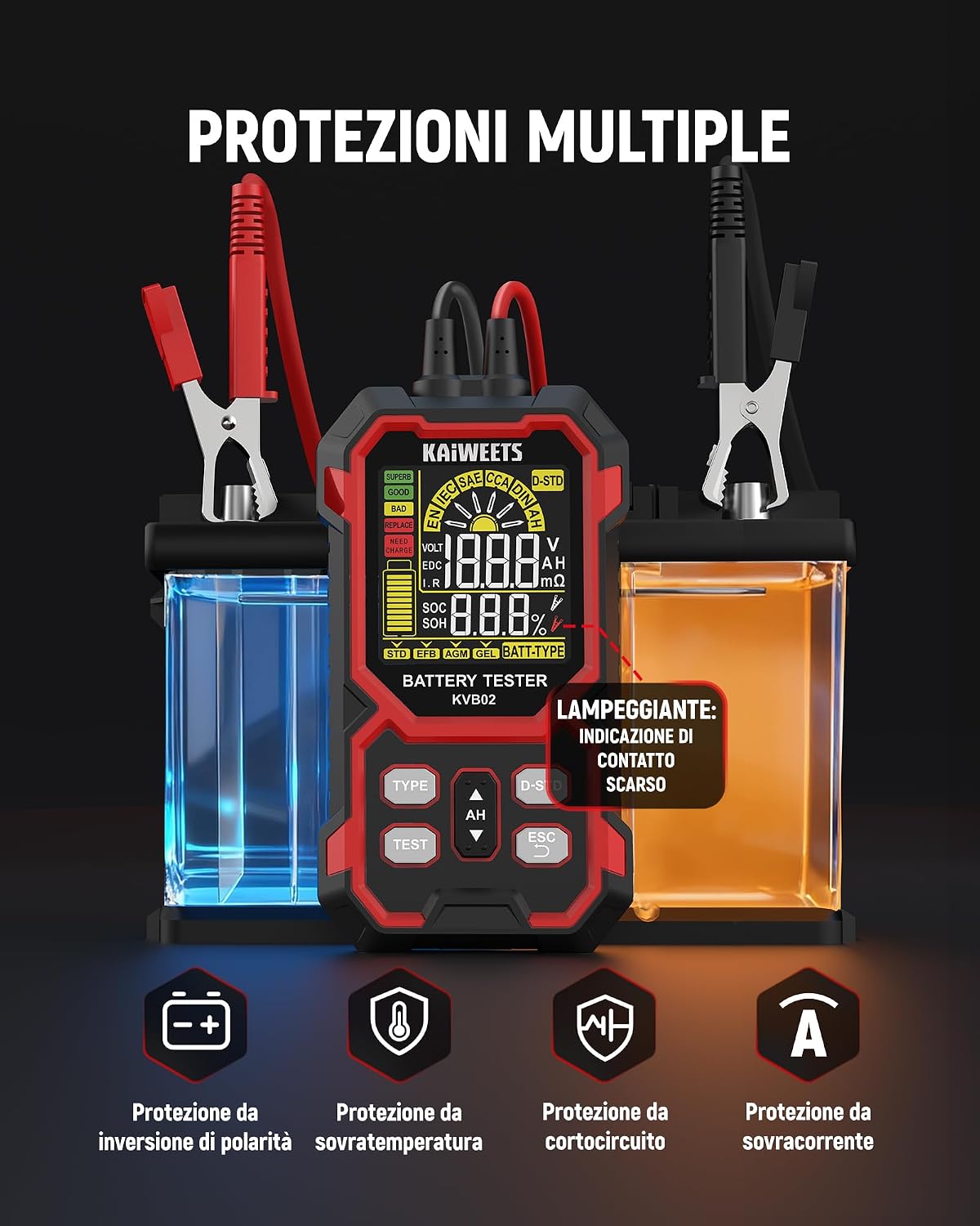 Thumbnail 6 de KAIWEETS Tester Batteria Auto 12V/24V digitale 50–2000 CCA con display LCD (SOH/SOC)