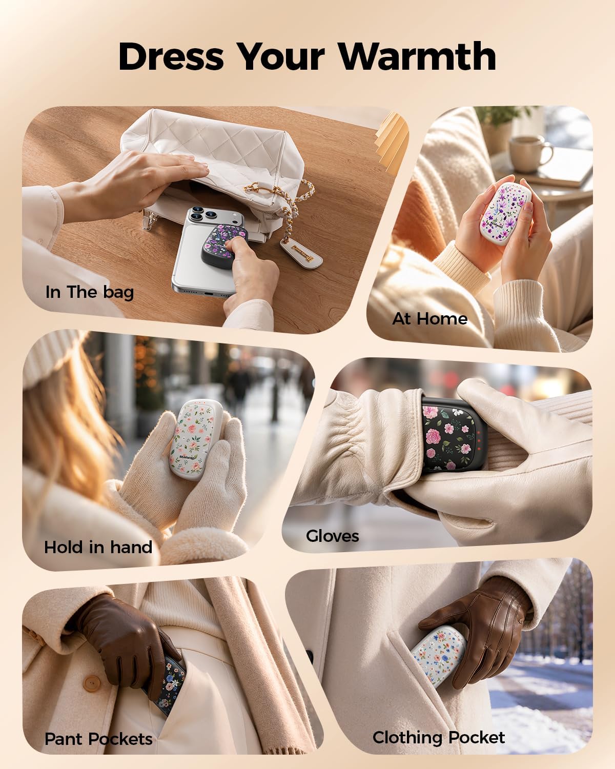 Detalle de Bearwind Rechargeable Hand Warmers, 2-Pack with Floral Design and Magnetic Connection