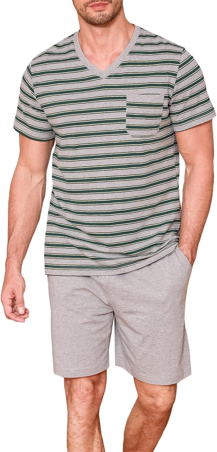 Detalle de Winovia Schlafanzug Herren Kurz – Sommer Pyjama Set aus Baumwolle, gestreift, V-Ausschnitt, Brusttasche