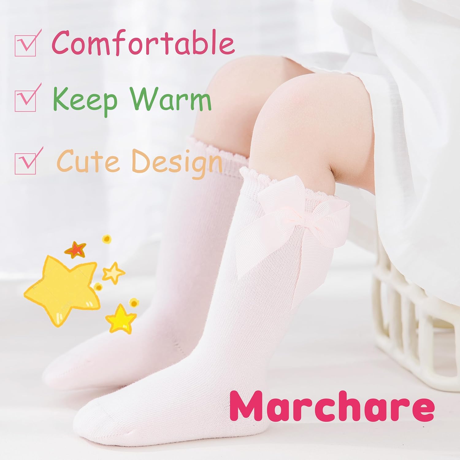 Detalle de Marchare Baby Girls Knee High Socks with Bow – 6 Colours, 4 Sizes