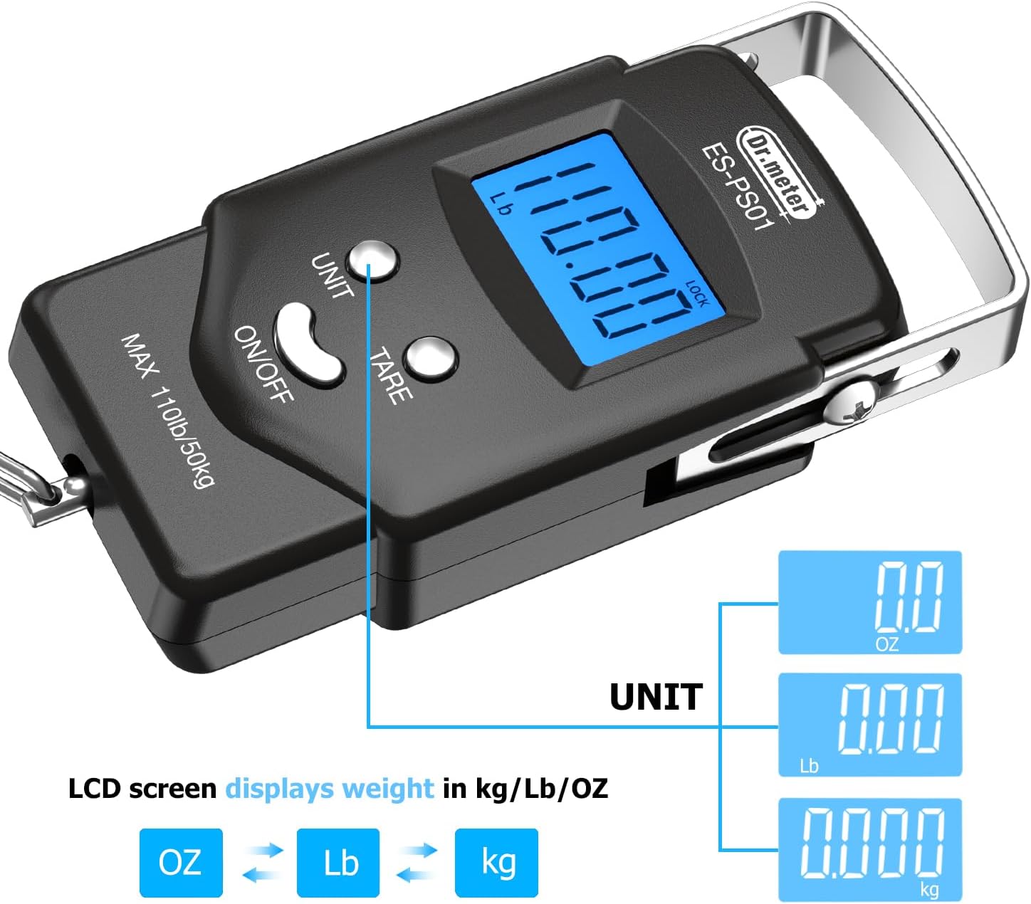 Detalle 2 de Dr.meter Fish Scale Luggage-Style Scale (110 lb) with Backlit LCD, Measuring Tape & Hook