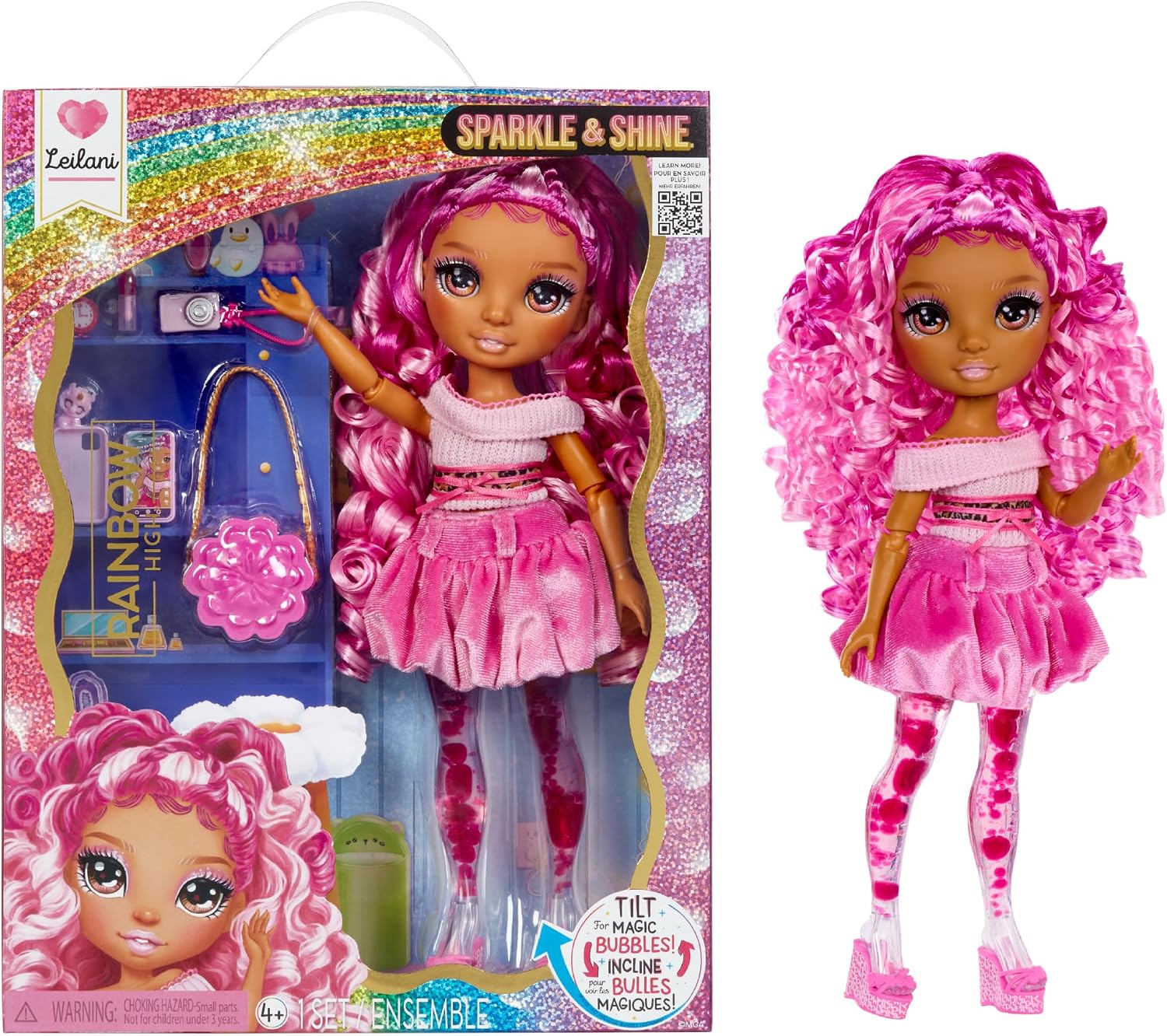 Detalle de Rainbow High Sparkle & Shine Puppe Leilani – 28 cm mit Magischen Zauberblasen und pinkem Haar