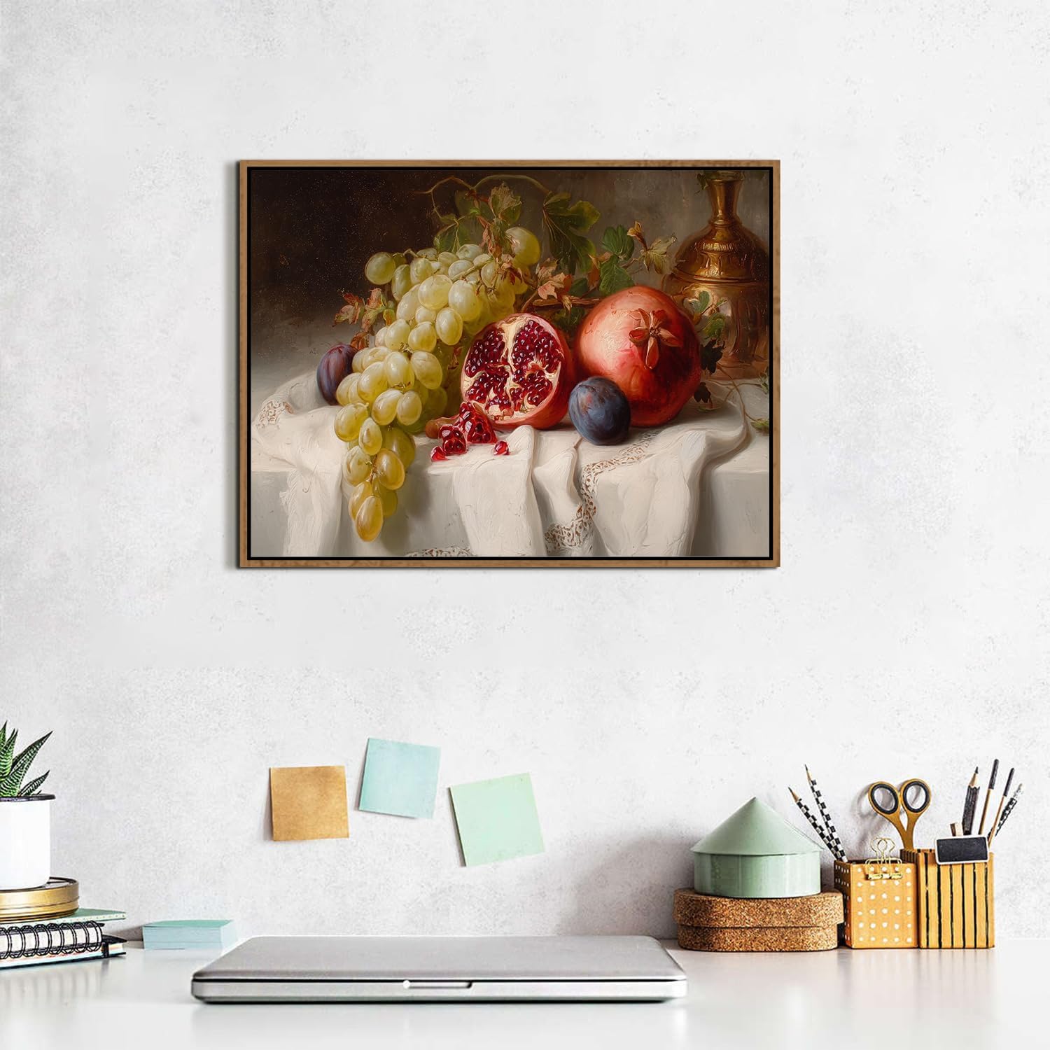 Thumbnail 4 de Vintage Framed Canvas Wall Art – Farmhouse Kitchen Still Life (12x16) with Green Grapes and Pomegranate
