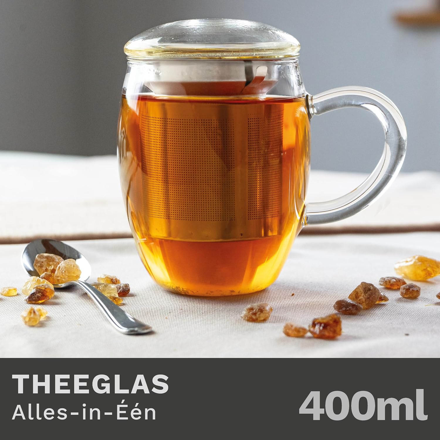 Detalle de Creano 078 theeglas van 400 ml met RVS-filter en deksel