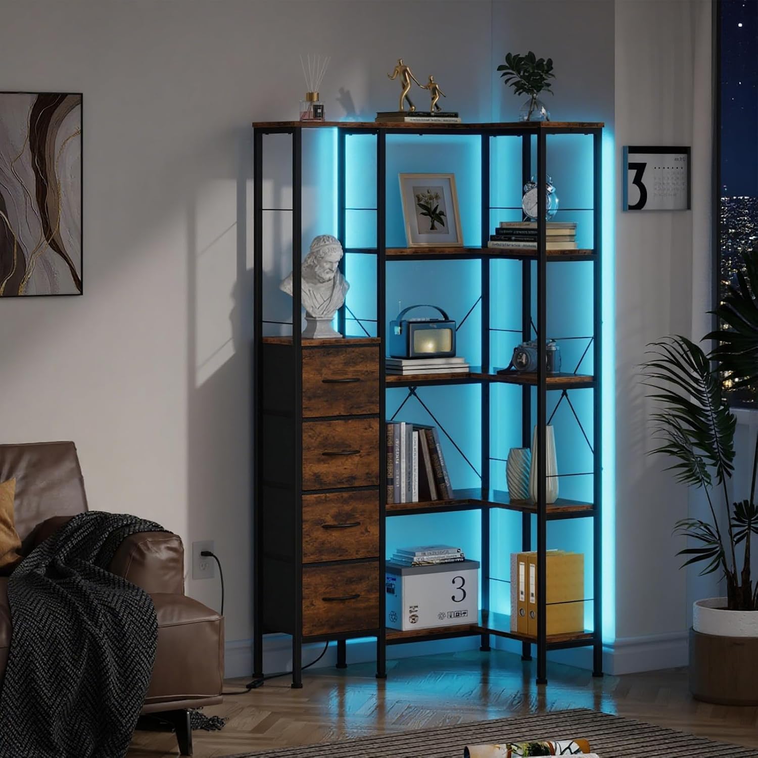 Detalle 2 de OYRREU 8H-BS037-ARB hoekboekenkast met 5 legplanken, 4 stoffen laden en ledverlichting