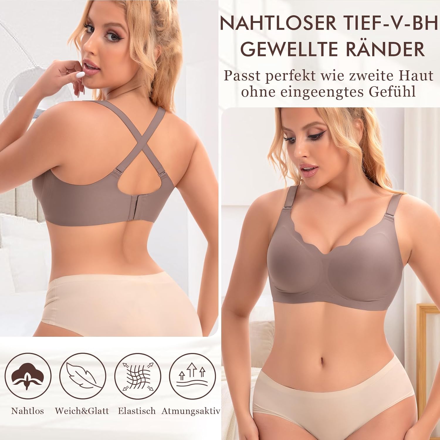Detalle 2 de Ganado Damen Nahtloser BH Ohne Bügel | Tiefes V-Ausschnitt Bralette mit gewellten Rändern