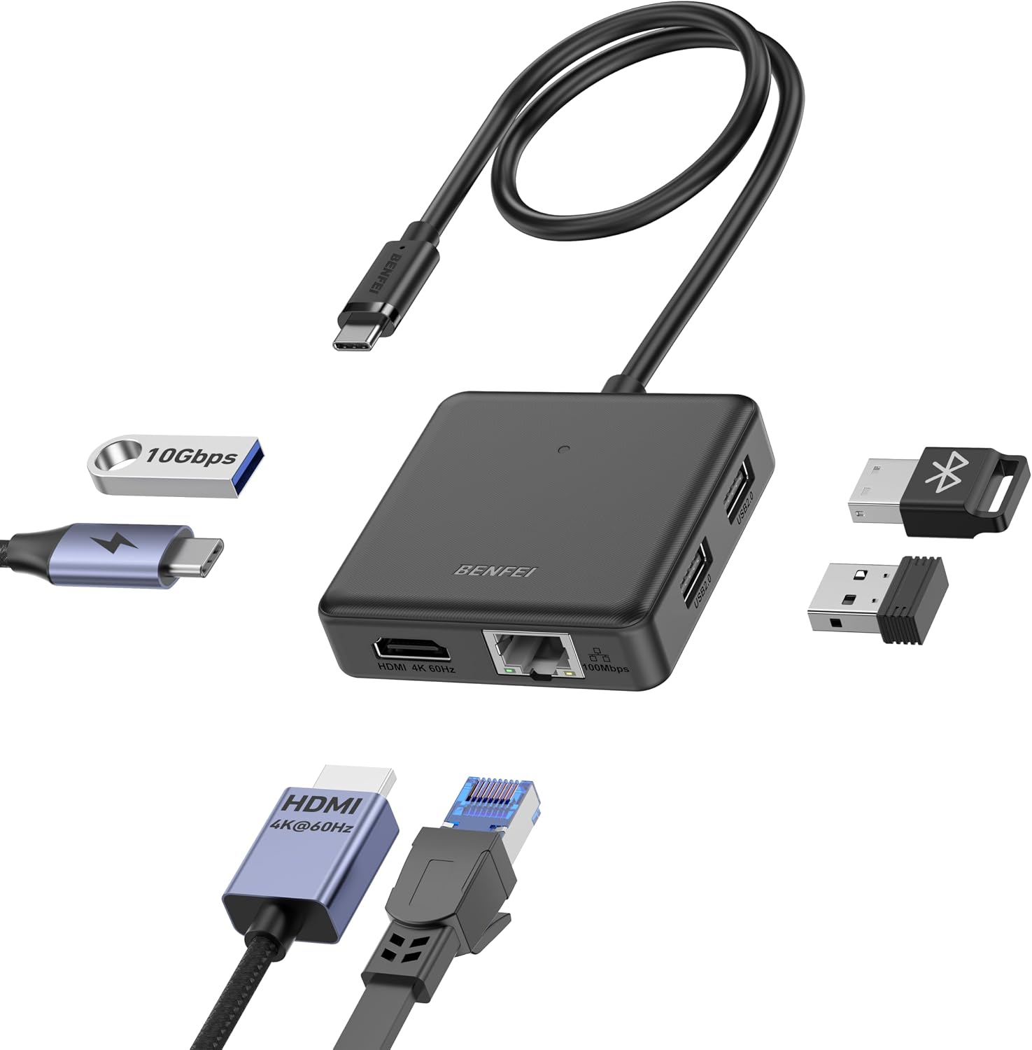 Detalle de BENFEI 000399black USB-C-hub 6-in-1 met HDMI 4K@60Hz en 100W Power Delivery