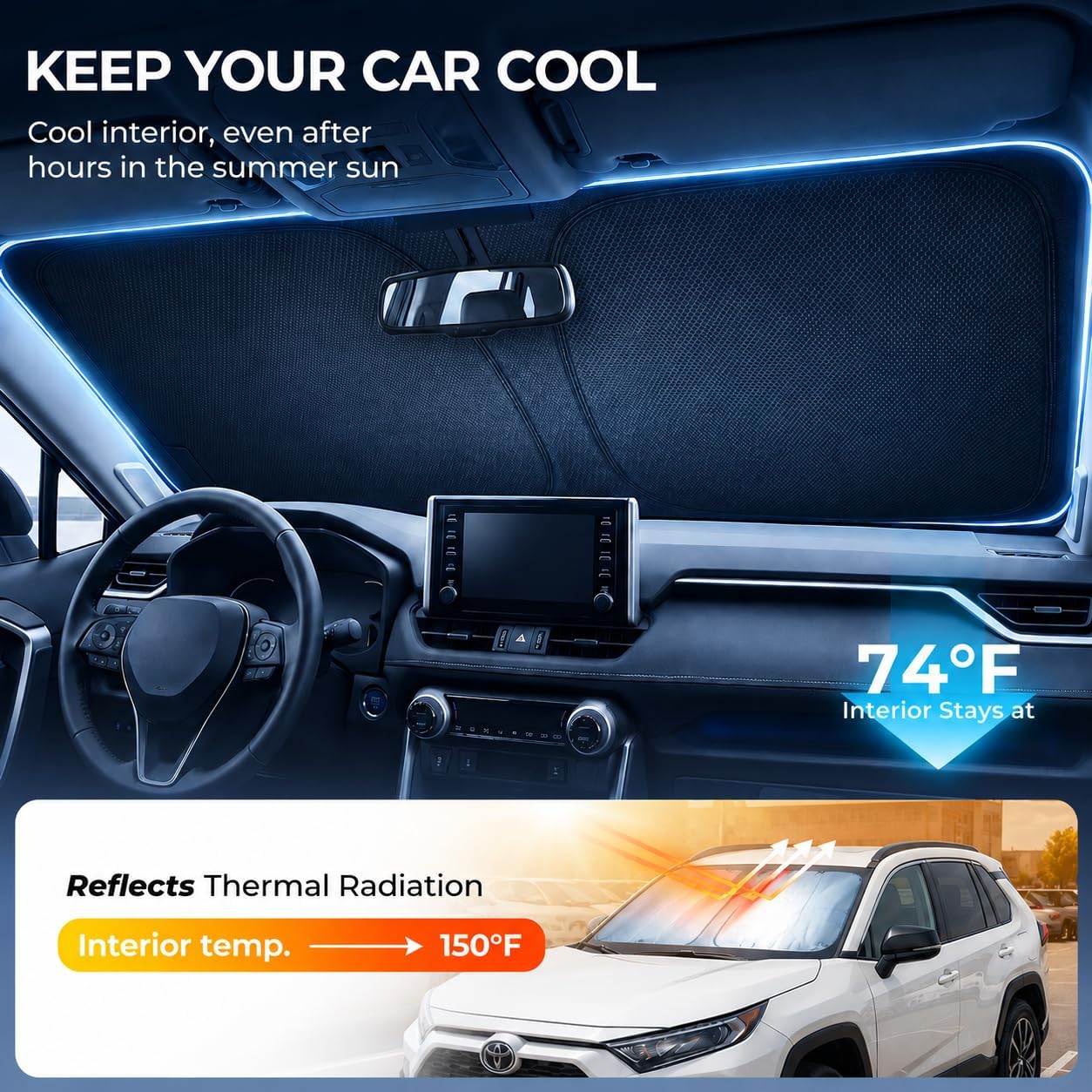 Thumbnail 2 de [2026 Upgraded] DooGooCoo Sun Shade for Toyota RAV4 Windshield (2019-2026) – Custom Fit, Ice-Crystal Cooling