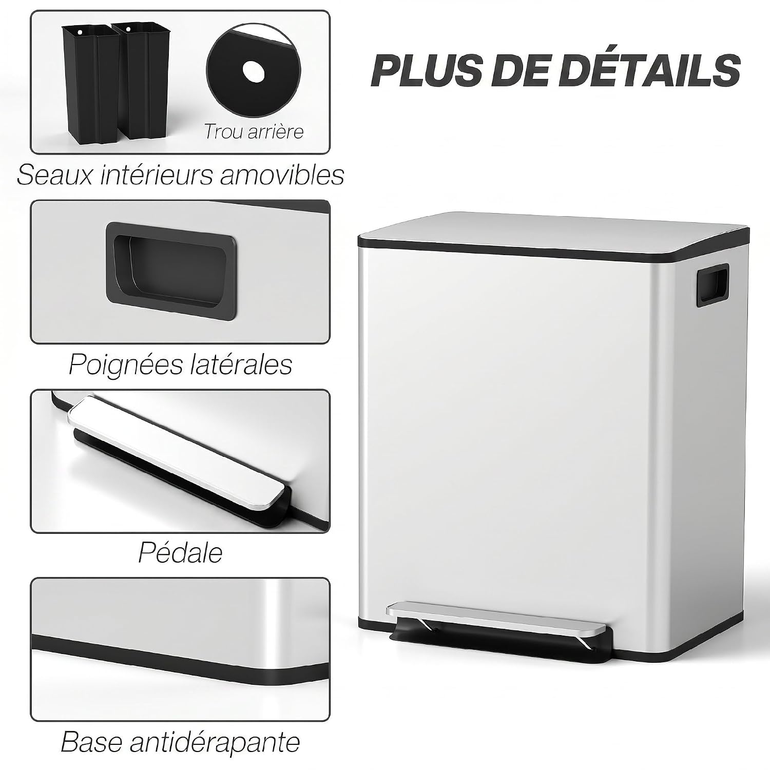 Detalle 2 de HOMCOM 851-037V02SR dubbele pedaalemmer, 2 x 25 l, roestvrij staal