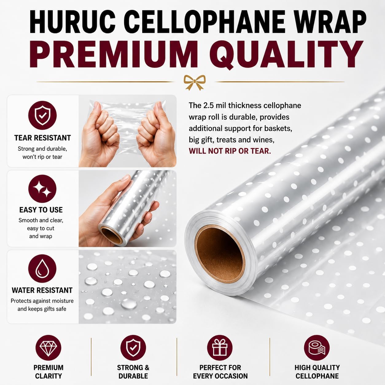 Detalle de HURUC Dotted Cellophane Wrap Roll 80cm x 30m – Extra Wide Gift Wrap with Bows, Ribbons and Gift Tags