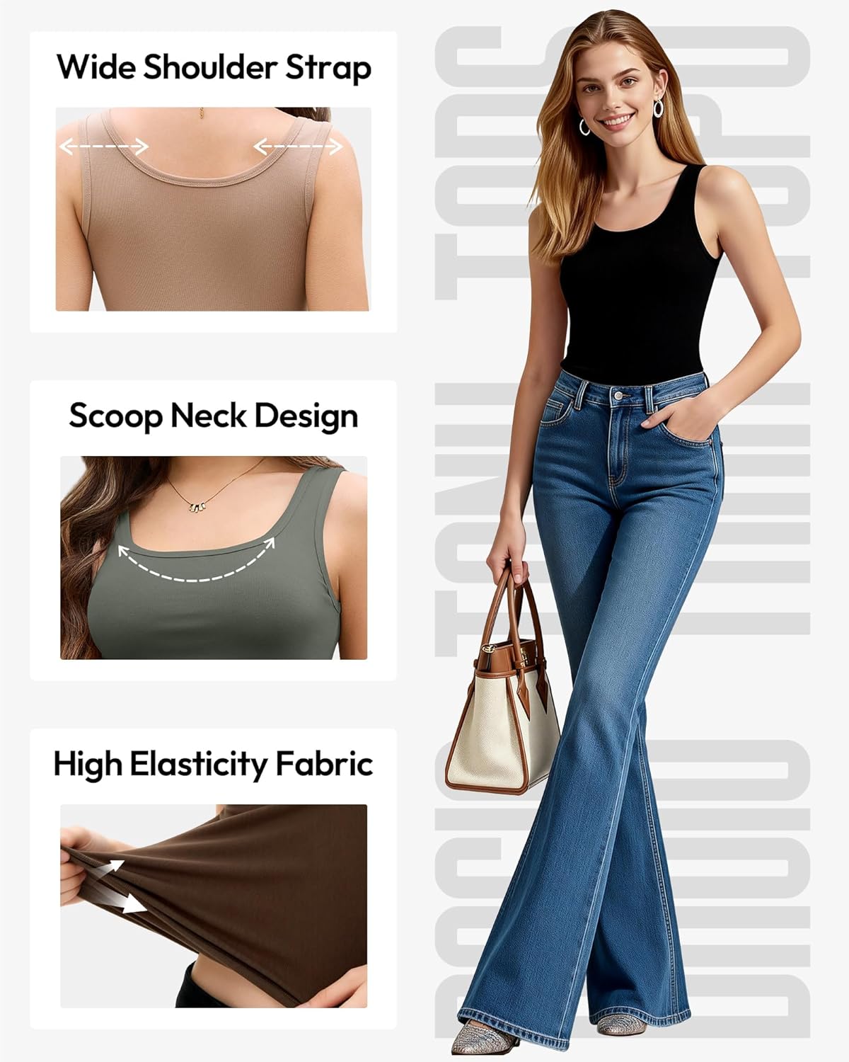 Detalle de JOVCOVL 3/5er Pack Damen Unterhemden Basic Tank Top mit U-Ausschnitt – elastisch, Slim-Fit