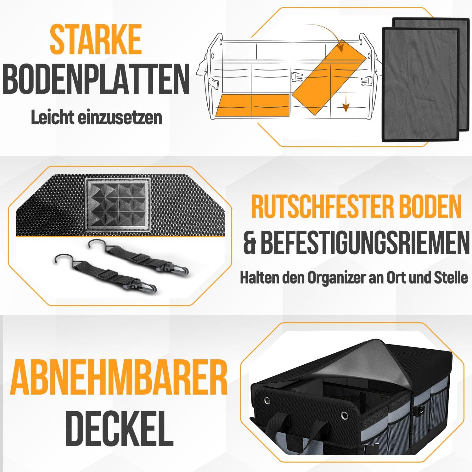 Detalle de FORTEM Kofferraum Organizer (klappbar) mit rutschfestem Boden, Seitentaschen und abnehmbarem Deckel – Grau, Groß