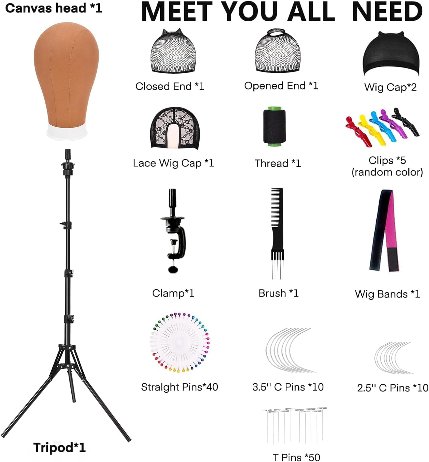 Detalle de 22-inch Canvas Head with Tripod Wig Stand – Complete Wig Making Kit
