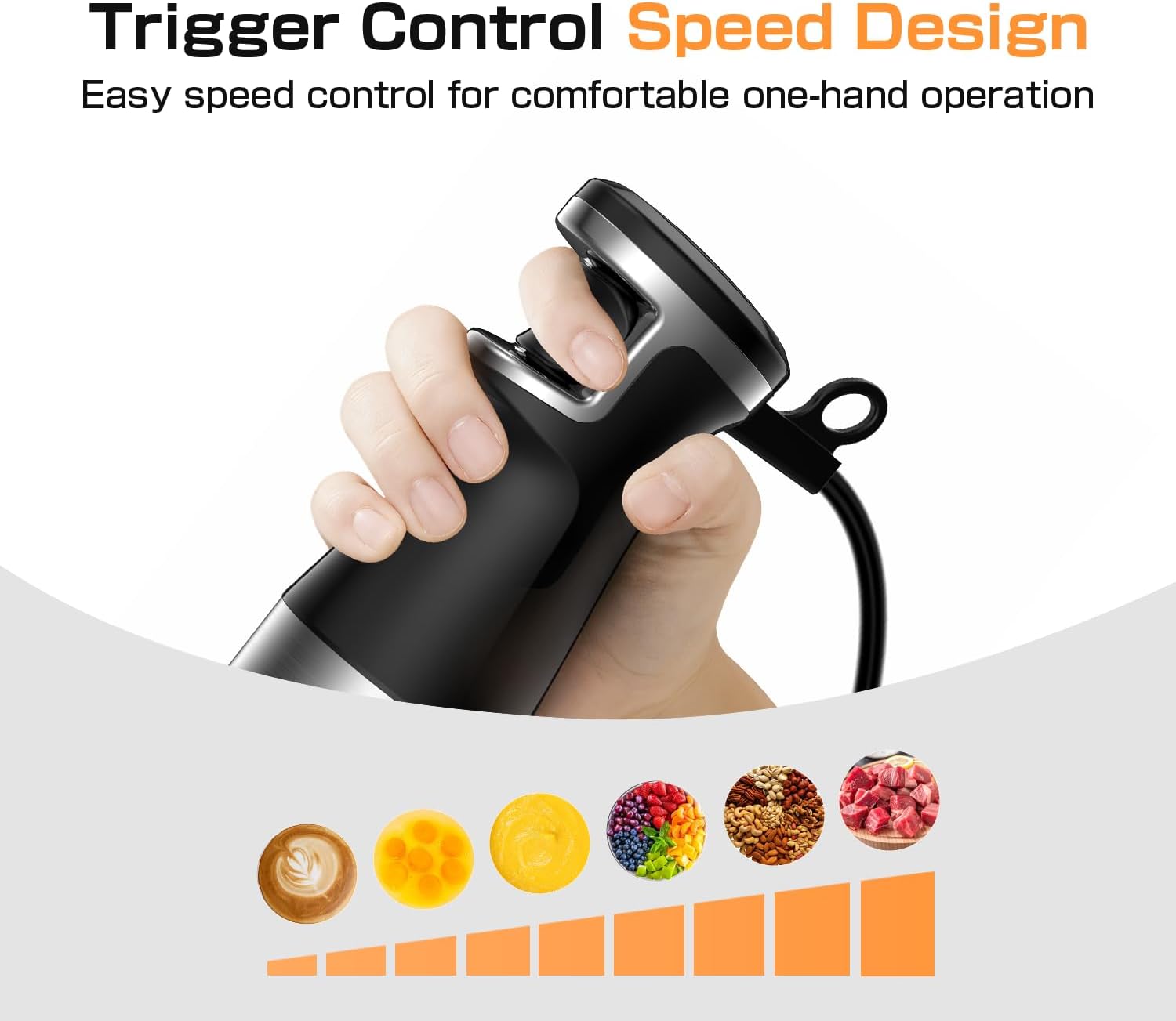 Detalle de Turelar Immersion Blender Handheld 1100W – 3-in-1 Set with Trigger Speed Control, Whisk, and Milk Frother