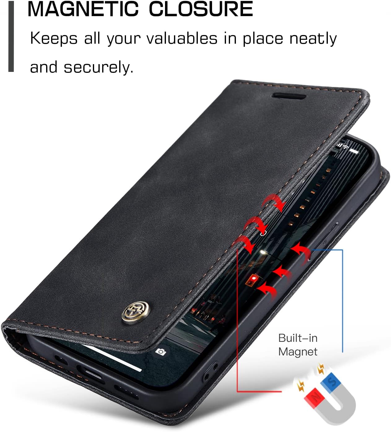Detalle de Cracedily Klapphülle Premium Leder für iPhone 14 Pro Max – Schwarz