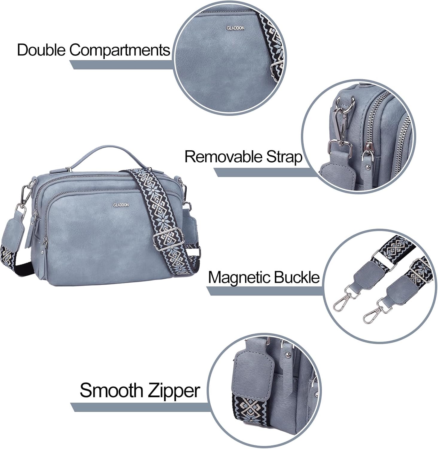 Thumbnail 3 de Gladdon Umhängetasche Damen – kleine Crossbody Bag mit Reißverschluss, breitem Jacquard-Schultergurt