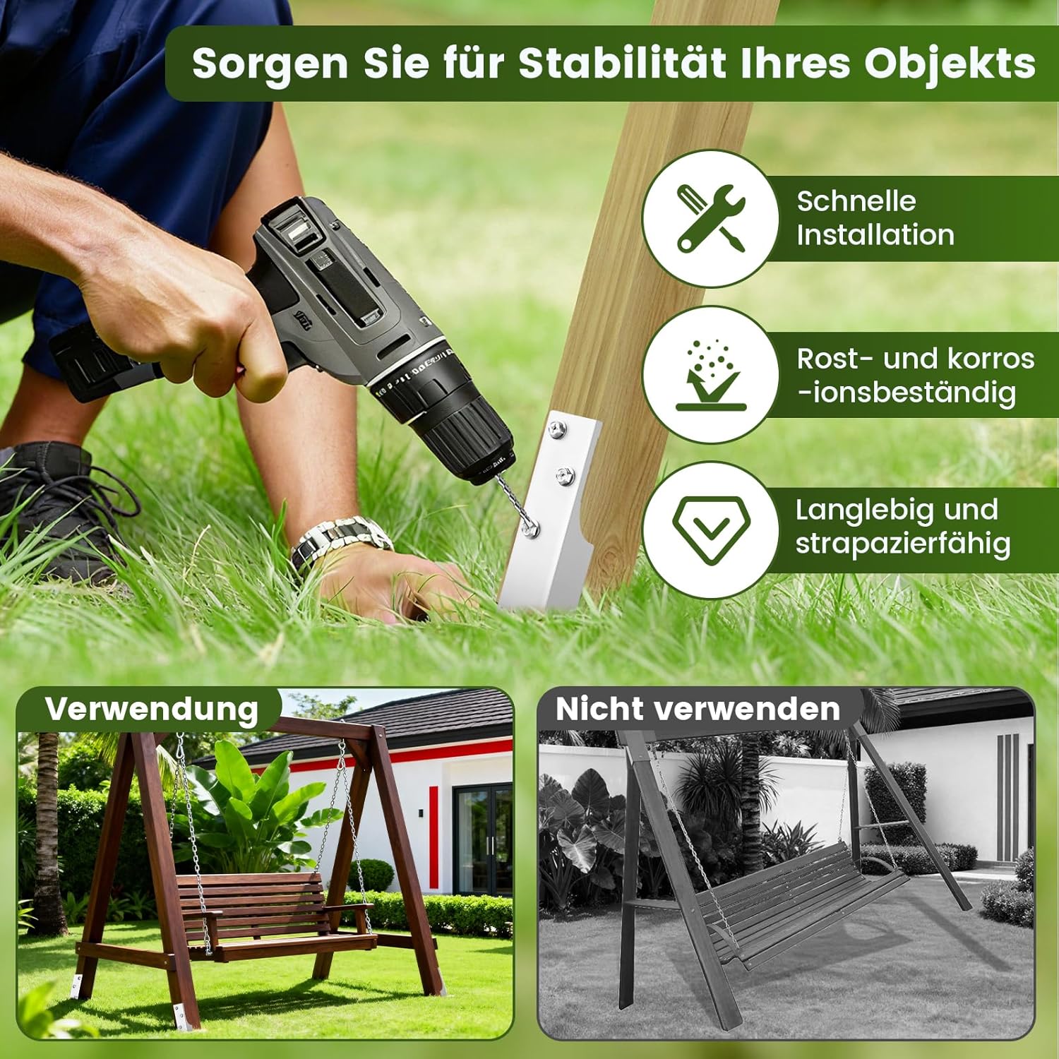 Detalle de SCHINTILLO Ancrages au Sol pour Balançoire – 4Pcs, Piquet en acier galvanisé chaud, compatible poteaux 40 mm