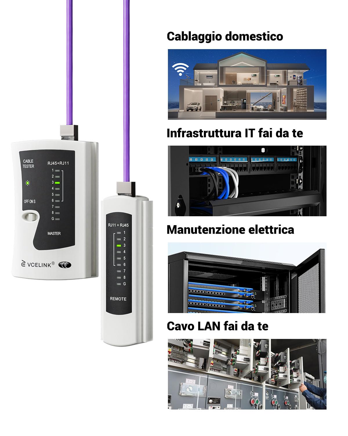 Thumbnail 6 de VCELINK Tester Cavi di Rete GJ468 per RJ45/RJ11/RJ12 (PoE) – Tester Ethernet professionale grigio