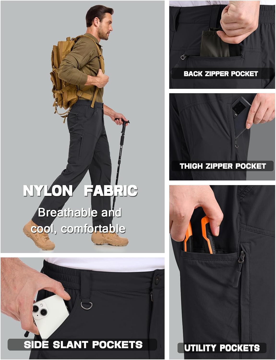 Thumbnail 2 de Mens Lightweight Cargo Hiking Pants (Quick-Dry, Water-Resistant) with 6 Zipper Pockets